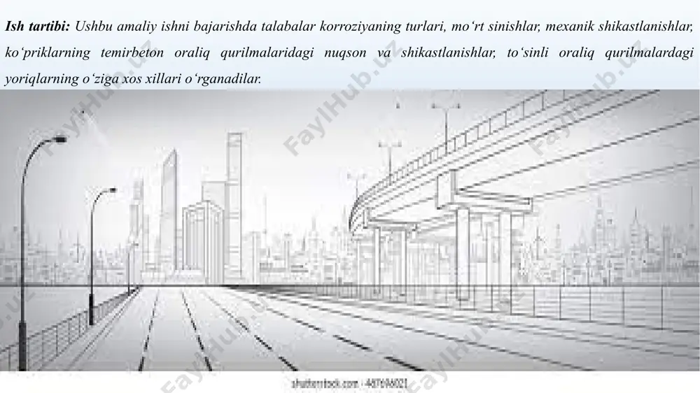 bо‘lishi va rivojlanishiga kо‘maklashadi. haroratning kо‘tarilib-tushishlari ham korroziyaning rivojlanishiga ta’sir о‘tkazadi: haroratning kо‘tarilishi korroziyani tezlashtiradi, pasayishi esa sekinlashtiradi. manfiy haroratlarda korroziya amalda tо‘xtaydi. metall korroziyasi shakllanishi va rivojlanishi, elementlari va tugunlari kо‘p jihatdan ifloslanishga duchor bо‘lib turadigan, qatnovi tepadan bо‘lgan oraliq qurilmalar uchun xosdir. qatnovi pastdan bо‘lgan oraliq qurilmalarda asosan kо‘prik polotnosi sathidan pastroqda о‘rnashgan elementlar korroziyalanadi. korroziyaning ikki turi: sirtga oid – elementning sirti bо‘ylab taralgan hamda mahalliy – ayrim о‘choqlar kо‘rinishida farqlanadi. sirtga oid korroziyaga asosan fermalar pastki belbog‘larining elementlari, qatnov qismi tо‘sinlarining belbog‘lari, fermalar aro bog‘lanishlar, shuningdek bо‘ylama tо‘sinlar aro bog‘lanishlar duchor bо‘ladi. bosh fermalarning pastki belbog‘larida drenaj teshiklarining yо‘qligi yoki yetarli emasligi oqibatida, shuningdek yaxshi tozalanmaganlik natijasida, quti kesimi barcha ichki elementlarining korroziyasini keltirib chiqaradigan, suv kо‘loblanishi va ahlat tо‘planishi shakllanadi. mahalliy korroziyaning rivojlanishi kо‘pincha qatnov qismi elementlarida qayd qilinadi. qatnov qismining bо‘ylama tо‘sinlarida hammadan kо‘proq tepadagi gorizontal listlar, ularning mavjud bо‘lmaganligida esa – tepa belboqqa …