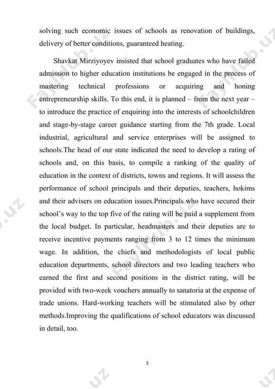 em, as few as 4 percent have the highest category title, and 15 percent are awarded the first class. the current four-stage certification system remains utterly bureaucratic.to mend this situation, officials in charge were instructed to simplify the procedure for assigning categories, to switch to a two-stage system that allows for assessing the proficiency of teachers throughout the year.[4] another problem is the lack of load in some schools, their under-attractiveness due to the low quality of education and insufficient material and technical base. thus, in 32 schools in the city of tashkent, the level of enrollment is rather low.thanks to the opening up for private education, the head of our state therefore proposed to transfer – as an experiment, next year – the unloaded, unattractive schools to trust management on a competitive basis.introduction of modern management style in general education is as vital as never before. hence, from now …