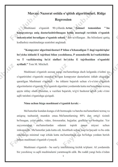 mashinani o'rganish uchun o'qitish algoritimlari: ridge regression — DOCX