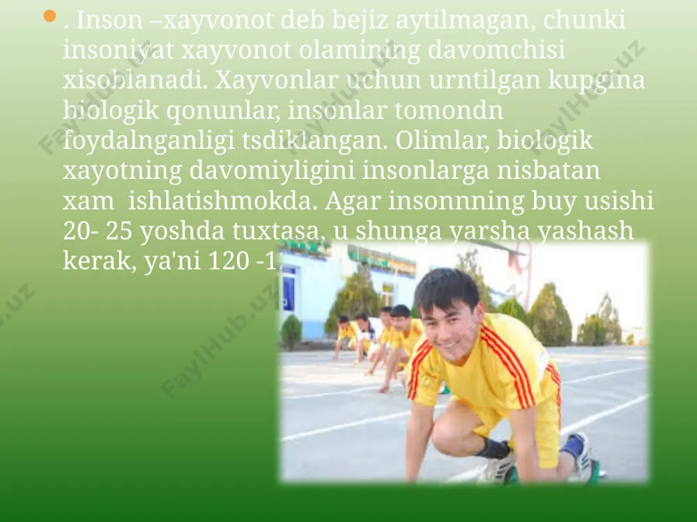 tish, turmush tarzining darajasi past, anna shu sharoitlar unga yashashga xalakit bеrgan fakat kuchli, soglom nson tugri yashay bilgan uning sogligi xakida mashina va mеxanizmlar kaygurishgan, inson fakat istе'molchi bulgan. www.arxiv.uz akadеmik asomov salomatlik muammolarini taxlil qilganda, inson xx asrd 3 ta kamchilik bilan tuknshgnini aytadi: bundan tashkari kup ovkat еyish, gipodinmiya va salbiy xisiyolrning tuplnishi. inson salomatligini yaxshilash va ung jvobgarligi muammosini xal kilish uchun valеologik t'lim sistеmasini ishlab chikarish kеrak, bu ta'lim maktabgacha, maktab, oiladagi, oliygoxlardagi, soglomlashtirish markazlari, ijtimoiy ximoya muassalrida olib borilishi kеrk. ana shundan kеyin natija yaxshi buladi. www.arxiv.uz inson sogligining aniklanganda, uning shaxsiy xususiyatlarining muammosi asosiy faktor bulib kеlmokd. xususan, morfofunktsionom turdagi odamning yangi xususiyatlari kata axamiyatga ega, bu xususiyatlar morfologik, psixologik , funktsional morfofunktsional yunalishi esa nasliy xususiyatlar bilan niklnadi, bu xususiyatlar uzok vakt davom etgan tashki muxit sharoitning ta'siridir. u yoki bu yunalishga bogliklik insonga umumn boglanmagan, lеkin inson uzining xayotini soglom kilishi …