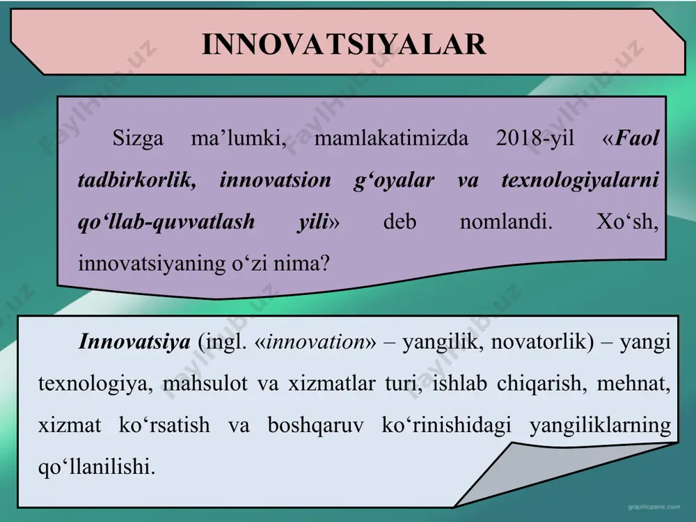 tda tasavvur haqiqiy holatga ko‘ra ijobiyroq, yuqoriroq bo‘ladi va u yangi o‘zgarishlar qilishga undaydi; 3. jarayon ehtiyojlari asosidagi yangiliklar. siz biron-bir jarayonni kuzatib turib, bu yerda nimadir yetishmayotganligini his etasiz. uni to‘ldirish esa yangilikning yaratilishiga olib keladi; 4. faoliyat yo‘nalishingiz yoki mahsulot bozorida ro‘y beruvchi favqulodda o‘zgarishlar; 5) bilimdagi o‘zgarishlar. sizning biron-bir mahsulot yoki jarayon to‘g‘risida yangi ma’lumotga ega bo‘lishingiz darhol uni amaliyotga joriy etishga undaydi. bu esa yangi bilim asosida yangi mahsulot yoki xizmatlarga asos solinishiga olib kelishi mumkin. bilimingizni sinab ko‘ring! mamlakatimizda 2018-yilning «faol tadbirkorlik, innovatsion g‘oyalar va texnologiyalarni qo‘llab-quvvatlash yili» deb nomlanishiga sabab nima? innovatsiya so‘zining ma’nosi nima? korxonaning innovatsion faoliyati nimani anglatadi? korxonada innovatsion faoliyatni amalga oshirish natijasini qanday baholash mumkin?