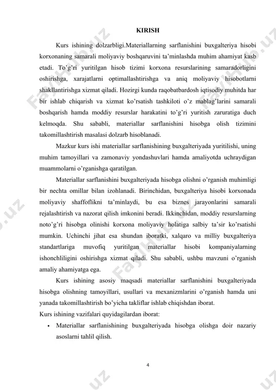 atijalariga bevosita ta’sir qiladi. to’g’ri yuritilgan hisob tizimi korxonaning samaradorligini oshiradi, xarajatlarni nazorat qilish va optimallashtirishga imkon yaratadi. shu sababli, ushbu mavzuda o’tkaziladigan tadqiqot materiallar hisobining nazariy hamda amaliy jihatlarini o’rganishga qaratilgan. materiallarning sarflanishini hisobga olish tizimida har xil usullardan foydalaniladi. ularga o’rtacha qiymat usuli, fifo (birinchi kelgan – birinchi chiqadi) va lifo (oxirgi kelgan – birinchi chiqadi) usullari kiradi. har bir usulning o’ziga xos afzallik va kamchiliklari mavjud bomib, ularni to’g’ri tanlash korxonaning moliyaviy natijalariga bevosita ta’sir qiladi. shuningdek, zamonaviy hisob tizimlarining rivojlanishi materiallar hisobining avtomatlashtirilgan usullarini joriy etishni talab qilmoqda. 1. materaillar xisobining vazifalari, ularni turkumlash va baxolash iqtisodiyotni modemizatsiyalash sharoitida xomashyolar, materiallar va yoqilg£iiar xarajatlari salmog’ini kamaytirishga o’xshagan sifat ko’rsatkichlari hal qiluvchi ahamiyatga ega bomadi. bunga ilg’or konstruktiv materiallar, metall upalari va plastmassalar, qimmat turadigan materiallar o’rniga mahsulot sifatini pasaytirmaydigan, ishlab chiqarish chiqindilarini kamaytiradigan arzon materiallardan foydalanish yomi bilan erishiladi. tabiat resurslaridan kompleks foydalanish zarur, yo’qotishlar va …