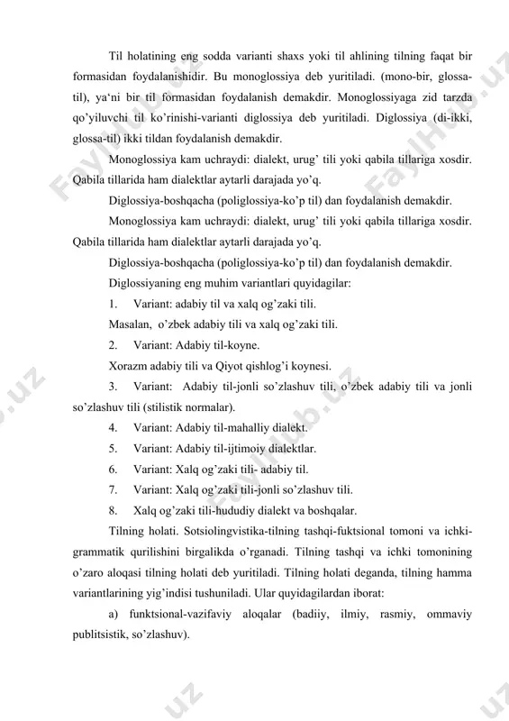 fuktsional darajasini aniqlashga xizmat qiladi. b) mavjudlik formalari (dialekt, xalq tili, milliy til). bu holat tilning yashash imkoniyatlarini bevosita belgilab beradi, chunki bulardan-og’zaki va yozma nutqda, dialekt, xalq tili, milliy til ko’rinishlaridan kundalik turmushda ijtimoiy munosabatlarni ifoda etishda foydalaniladi. bular tilning yashash holatining yuzaga kelishida asos bo’ladi. til realizatsiyasi (og’zaki va yozma). dastavval, tilning og’zaki shakli yuzaga keladi, keyinchalik bu holat ommaviy tarzda yozma shaklga o’tadi. g.v. stepanovning ta‘kidlashicha, «har qanday xalq tili og’zaki uslubda hosil qilinib, unga sayqal beriladi va keyinchalik xalq tili variantlarini shoir, olim va yozuvchilar yozma uslubda yaratadilar», deydi. tilning holati haqida aniq fikrlarga ega bo’lish uchun avvalambor, uning qay tarzda yoki qay yo’sinda paydo bo’lishi, muloqot jarayonida til imkoniyatlarining to’g’ri sarflanishi hamda xalq tili va milliy til shakllarining yashash tarzini bilishdan iboratdir. tilning vaziyati. tilning vaziyati deganda, turli formadagi til oilalari aloqasining ma‘lum tarixiy sharoitda konkret ko’rinishi, shakllanishidir. til vaziyatining uch zaruriy jihati mavjud: 1.tilning …