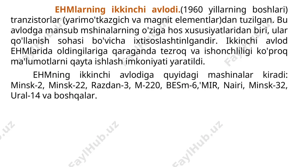 lmalari quyidagilar: sistеmali blok, monitor va klaviatura (sichqoncha bilan). monitor sistema bloki klaviatura sistema blokining tarkibi quvvat bloki, sistema platasi, operativ hotira sxemalari, xotiraning boshqa turlari, portlar, kengaytirish slotlari, shinalar. monitor kompyuterning ish jarayonida vujudga keladigan axborotlarning zarur qismini ekranda yoritib berishni ta`minlaydi. monitor matn yoki grafik rejimda ishlaydi. matn rejimida ekran belgi o'rinlari deb yuritiluvchi alohida qismlarga bo'linadi. grafik rejimda ekran piksel deb ataluvchi nuqtalar to'plamidan tashkil topadi. ikkala rejimda ham belgi yoki pikselning ranglari, fonning rangi, ravshanligi va boshqa parametrlar xaqidagi ma`lumotlar videoxotirada saqlanadi. monitordagi piksellarning umumiy miqdori monitorning imkon darajasi, deb ataladi. kompyuterga turli shakldagi axborotlar kiritishning yo'llaridan biri klaviaturada joylashgan tugmalar ko'magida amalga oshiriladi. aniq bir tugmani yoki tugmalar birikmasini bosilishiga aynan mos ikkilik kodni kiritilishiga olib keladi, buning boisi shifrlovchi deb yuritiladigan - mikrosxema ma`lum bir tugma bosilishida hosil bo'ladigan signalni ikkilik kodga aylantirib beradi. kompyuterning asosiy qurilmalaridan tashqari qo’shimcha qurilalari ham mavjud. hozirgi kunda …
