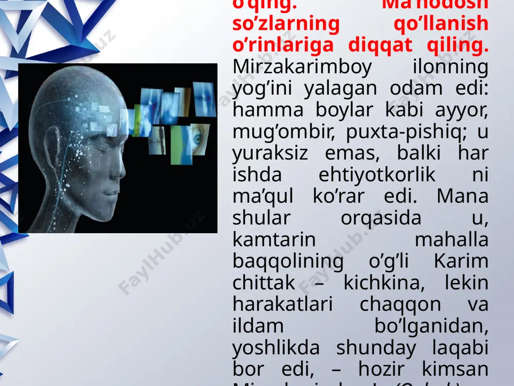 i aytib bering. 5. o’rinsiz qaytariqlarning oldini olish uchun nutq tuzuvchi qan day malakaga ega bo’lishi kerak? 64-mashq. gaplarni o’qing. leksik va frazeologik ma’nodoshlikni boy nutq tuzishdagi ahamiyatini tavsiflang. «1. shu bois u sayhonlikda «uloq-uloq» o’ynayotgan bolalardek shovqinlab, ovulni boshiga ko’tarayotgan yigitlarning qilig’ini ko’pda yoqtirmay, jini qu rishibroq turardi. (n. norqobilov) 2. amir temur halim tabiat, yumshoq ko’ngil, tortinchoq, qora ko’zlari hamisha mungli boqadigan qizini juda ham ardoqlar, har kuni holidan xabar olardi. (muhammad ali) 3. rahim saidov uyni yana bir bor qarab chiqdi. tryumoning hamma tortmalarini axtardi, yozuv stolining g’aladonlarini bir-bir titkiladi. boshqa hech narsa chiqmadi. (o’. umar bekov) 4. ra’no ota oyoqlarini quchoqlab, boshini urib yig’ladi, ketmayman deb dod soldi. ota ko’zlari jiqqa yoshga to’lib, ovozi titrab, ho’ngramoqdan beri bo’lib «jonim bolam, iloyo, borgan joyingda unib-o’sgin» deb duo berdi. (isajon sulton) e’tiboringiz uchun rahmat!!!!! image2.jpg image3.jpg image4.jpeg image5.png image6.jpeg image7.jpeg image8.jpeg image9.jpeg image10.jpeg image11.jpeg image12.jpeg image13.jpeg image14.jpeg image1.jpeg