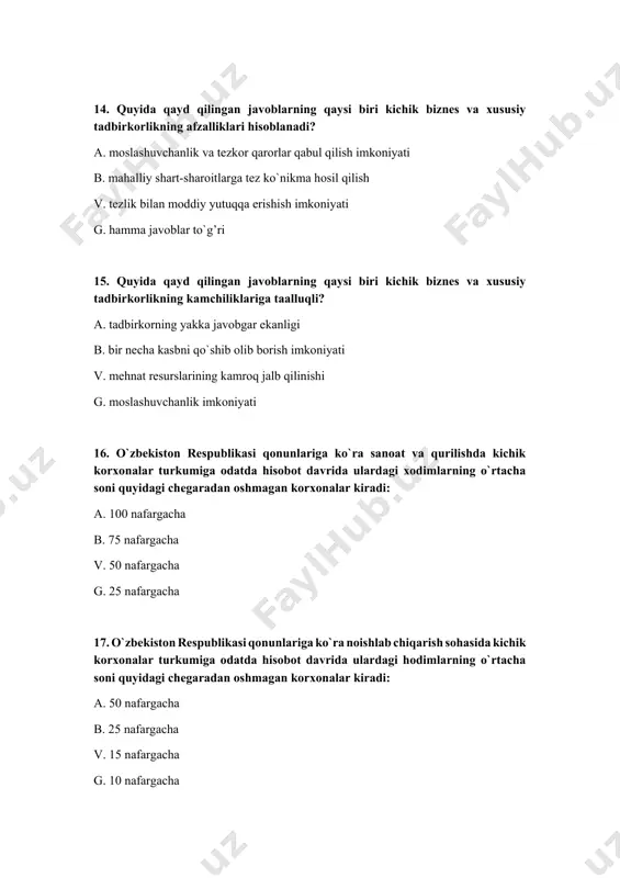si biri tadbirkor maqomini olish uchun asos hisoblanadi? a. tuman (shahar) hokimining ro`yhatdan o`tkazish haqidagi qarori nushasi (davlat va rus tillarda) b. korxona nizomi (davlat va rus tillarda) v. soliq organlari, iqtisodiyot vazirligi organlari, ijtimoiy sug’urta fondi bo`linmalari, mehnat birjasi va xisobida qo`yilganlik haqidagi belgili anketa g. korxonaning davlat ro`yxatidan o`tkazilganligi haqidagi qaror 24. quyida qayd qilingan organlarning qaysi biri tadbirkorlik faoliyatiga litsenziya berishi mumkin? a. o`zbekiston respublikasi vazirlar mahkamasi b. adliya vazirligi, ichki ishlar vazirligi v. moliya vazirligi va markaziy bank g. hamma javoblar to`g’ri 25. quyida qayd qilingan tadbirkorlik faoliyatining qaysi biriga o`zbekiston respublikasi vazirlar mahkamasi litsenziya beradi? a. qimmatbaho metallari va noyob er osti metallari bilan bog’liq faoliyatga b. sovuq qurollar ishlab chiqarish va sotish bilan bog’liq faoliyatga v. qimatli qog’ozlarni ishlab chiqarish bilan bog’liq faoliyatga g. farmokologik preparatlar ishlab chiqarish yoki sotish bilan bog’liq faoliyatga 26. korxona – bu: a. yuridik shaxs huquqiga ega bo`lgan mustaqil …