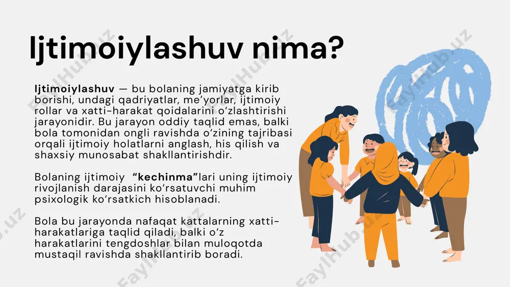 yachilar, do‘stlar va boshqa ijtimoiy guruhlar). g‘amxo‘rlik, liderlik, yordam, his qilish, konfliktlarni hal qilish kabi ko‘nikmalar aynan maktabgacha yoshda shakllanadi, bu esa keyingi ijtimoiy hayot uchun poydevor bo‘ladi. guruhdagi o‘zaro munosabatlar bolaning mtt (yoki boshqa tashkilot) muhitiga bo‘lgan munosabatiga ham kuchli ta’sir ko‘rsatadi. bola o‘z salohiyatini to‘liq ro‘yobga chiqarishi uchun unga mos shart-sharoitlar, ya'ni ijtimoiy va pedagogik muhit kerak. bu shart-sharoitlar o‘qish uchun qulay muhiti, psixologik qo‘llab-quvvatlash, tengdoshlari bilan o‘ynash va ular bilan aloqada bo‘lish imkoniyatlarini o‘z ichiga oladi. sog‘lom shaxsning shakllanishi uchun ijtimoiy tajriba juda muhimdir. pozitiv ijtimoiy tajriba, ya'ni boshqalar bilan ijobiy aloqalar o‘rnatishga yordam beradi. pedagoglar va psixologlar bolaning ijtimoiy va psixologik rivojlanishini doimiy ravishda kuzatib borishlari zarur. bolalar o‘z ijtimoiy ko‘nikmalarini rivojlantirish uchun turli o‘yinlar va treninglarda qatnashishlari zarur. oilada o‘rnatilgan munosabatlar, ota-onaning bir-biriga va bolaga bo‘lgan munosabati, muloqot uslubi bolaning ijtimoiylashuviga kuchli ta'sir ko‘rsatadi. bolalar o‘z tengdoshlari bilan o‘ynash, muloqot qilish va birgalikda faoliyatlar o‘tkazish …