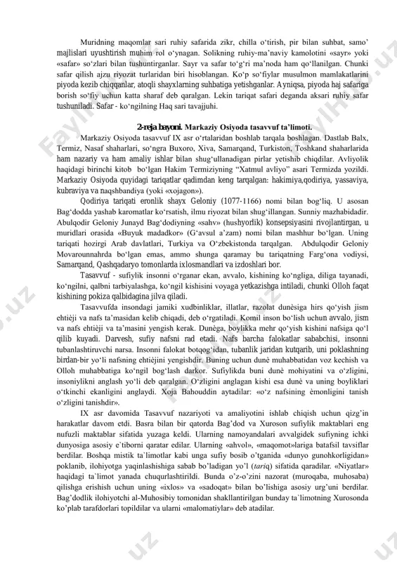 deb bilish. muridga rahbarlik qiluvchi pirning o‘zi ajzu iztirob yo‘li - tariqat maqomlarini eson-omon bosib o‘tgan, qalbi iloh ma’rifatiga limolim orif inson bo‘lishi kerak. pir har jihatdan muridga o‘rnak bo‘lmog‘i darkor: ham bilimning chuqurligi, ham tariqat usullarini yaxshi bilishi, ham ko‘ngilning pokligi, nafsini mahv etganligi va hokazolar bilan ajralib turishi, salobati, so‘zi va harakati bilan, suhbati va nazari bilan, tadbiri va himoyasi bilan muridga ta’sir o‘tkazmog‘i lozim. shuni ham aytish kerakki, soliklarning iste’dodi xilma-xil bo‘lganday, pirlarning murabbiylik qobiliyati ham turlicha bo‘lgan. ba’zi shayxlar muridga tariqat odobini o‘rgatganlar, ya’ni uni xoksorlik, taslim va itoatga keltirish, manmanlik, hirsu havo kabi tuyg‘ulardan xalos etish bilan shug‘ullanganlar. ba’zi shayxlar muridga ruhiy karomati, mo‘jizalari bilan ta’sir etganlar. yana bir qism shayxlar shogirdlariga tasavvuf asoslarini o‘rgatish, nazariy bilimlar bilan qurollantirishga e’tibor qilganlar. faqat shuni ta’kidlash zarurki, murid tarbiyasidan asosiy maqsad axloqni poklash, nafsni o‘ldirish, odamdagi o‘ziga bino qo‘yish, takabbur, xudpisandlikni yo‘q qilish edi. murid pir qo‘lida …