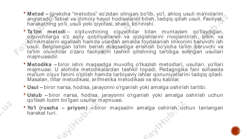 larni bajarish) put to other uses (boshqa sohalarda qo'llash)- nima o'zgarishi mumkin? (uning miqyosidagi o'sish yoki kamayishi, shakli o'zgarishi, belgilar (masalan, rang) va boshqalar) eleminate(qisqartirish)- yana qanday holda qo'llash mumkin? rearrange/reverse (tartibini o'zgartirish)- nimani qayta tiklash mumkin? (buyurtmani o'zgartirish, komponentlarni almashtirish, tezlik va boshqalar) “hozirgi globallashuv davrida internet taromog'i orqali real vaqt tizimida o'qitish tezlik bilan rivojlanib borayotgan ta'lim olish turlaridan biri hisoblanmoqda. masofaviy ta'lim tizimi ixtiyoriy masofadan hech bir to'siqlarsiz ta'lim berish va ta'lim olish imkoniyatini yaratadi. mutaxassislarning ta'kidlashicha, an'anaviy ta'lim tizimiga nisbatan real vaqt tizimidagi masofaviy ta'lim tizimida o'qitish samaradorligi yuqoriroqdir(means, toyama, merfi, bakiya va jons, 2013). tyutorlar osonlik bilan o'quv materiallarini, ya'ni vizual prezentatsiyalar (taqdimotlar) va video ma'ruzalarni o'quvchiga tarmoq orqali kerakli formatda jo'natishlari mumkin. bundan tashqari internet tarmog'i orqali real vaqt tizimida ta'lim olayotgan talabaga saytga ro'yxatga olingandan so'ng turli elektron kutubxonalar va video ma'ruzalarga kirish imkoniyati beriladi. kifuentes va lents(2009) video ma'ruzalarning afzalliklarini quyidagicha ta'riflaydi: …