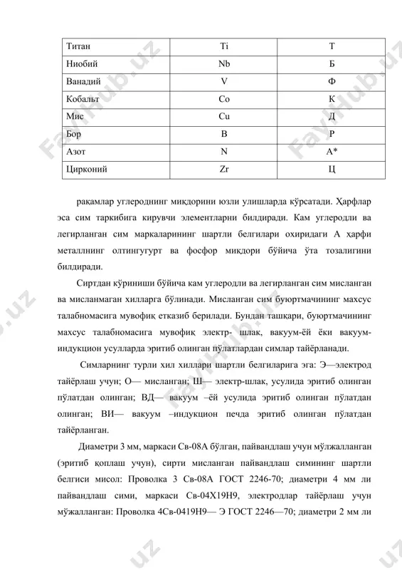 ; лкбо62-0,2-0,0,5 маркали латунли қотишмалардан ва м1р; м2р; лмц58-2; лок59-1— 0,3 маркали симлардан фойдаланилади. белгиланишларда қуйидаги қисқартмалар қабул қилинган; тайёрлаш усули: д—совуқлайин деформацияланган (чўзилган), г— қиздириб деформацияланган (прессланган); кесимнинг шакли кр— думалоқ (круглая); ҳолати: м— юмшоқ (мягкое); т— қаттиқ (твердое); узунлиги: бт— калава, ўрама ҳолида, кт— ғалтакларда (катушки), бр— барабанларда, ср— ўзакларда, нд— ўлчанмайдиган узунликда. совуқлайин деформацияланган, қаттиқ, диаметри 2 мм ли, ўрама ҳолидаги бр оц4-3 маркали қотишмадан тайёрланган пайвандлаш симининг шартли белгисига мисол: проволока сварочная дкрт 2,0 бтбр0ц4-3 гост 16130-85. титанни пайвандлаш учун вт1,вт5,вт5-1 ва бошқа маркали қотишмалардан тайёрланган симлар ишлатилади. чўяни пайвандлашда вазифасига қараб пч1, пч2, пч3, пчн1, пчн2, пчи, пчв маркали симлардан фойдаланилади. пайвандлаш ва эритиб қоплаш учун гост 2671-80 га кўра 4,6 8, 10,12, 16 мм диаметрли, 250,350,450 мм узунликдаги чўян чивиқлар чиқарилади. диаметри 12 мм ли пч1 маркали чўян чивиқнинг шартли белгиланишига мисол: пруток 12пч1 гост 2671-80. чивиқлар бир учидан ювилиб кетмайдиган турли рангдаги бўёқлар …