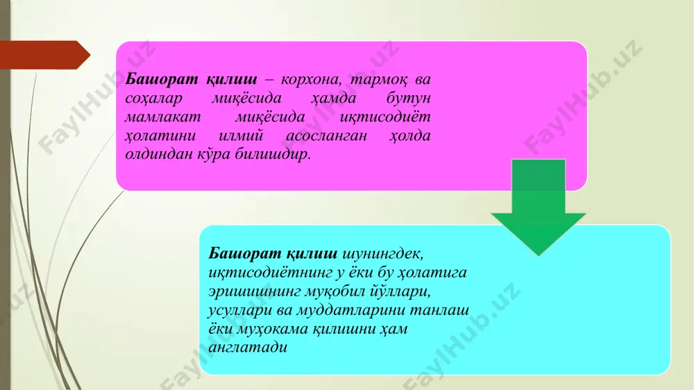 i va unda bo’lgan ma’lumotlarni, bo’limlarni oson topish uchun o’ziga xos yo’riqnoma vazifasini o’taydi. mundarijada, biznes rejada nechta bo’lim mavjudligi, har bir bo’limning sarlavhalari va albatta bet raqamlari berilishi kerak. o’zbekiston milliy universiteti 2020 15 rezyume va xulosa qismini yozish uchga bo’linadi: kirish: loyihaning qisqacha mazmuni va uni amalga oshirish rejasining maqsadlari; asosiy mazmun: biznes-rejaning asosiy elementlari – taklif etilayotgan faoliyat turi; unga bo’lgan talab, boshqarish va moliyalashtirish rejasi; faoliyatning kelajakdagi rejalari, qanday qilib rivojlanish va yutuqqa erishish usullarining tavsifi. o’zbekiston milliy universiteti 2020 16 biznes-reja korxona maqsadlarini aniqlash biznes-reja tuzilishidagi birinchi qadam - firma faoliyatining maqsadlarini aniqlashdan iborat. agar korxona o’sishga yo’naltirilgan bo’lsa, uning asosiy maqsadlari quyidagicha bo’ladi: savdo umumiy hajmini ....gacha yoki .... marta ko’paytirish korxona ulushini mavjud bozorlarda ...gacha yoki .... marta oshirish agar korxona ishlab chiqarish hajmining o’sish suratlarini inobatga olmasa, uning asosiy maqsadlari quyidagilar bilan bog’liq bo’lishi mumkin: sof daromadning o’sishi bilan; mahsulot sifatini oshishi …