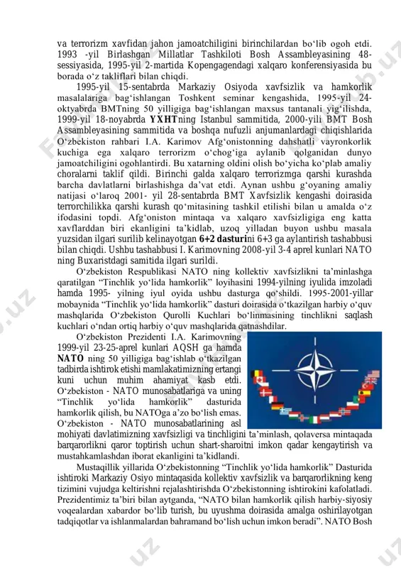 kilotning faoliyatini yanada kengaytirish bilan bir qatorda, yana mintaqaviy xavfsizlik va barqarorlik, ekstremizm, terrorizm, narkobiznesga qarshi kurash masalalariga qaratildi. shu bilan birga markaziy osiyo mintaqasi xalqlari uchun o‘ta dolzarb masala orol muammosining ko‘tarilishi muhim ahamiyat kasb etdi. shuningdek, o‘zbekiston jahon jamoatchiligini tashvishga solayotgan xalqaro muammolardan biri bo‘lgan terrorizm, uyushgan jinoyatchilikka qarshi birgalikda kurashish, diniy ekstremizm masalalariga o‘z e’tiborini qaratdi. davlatimiz rahbari o‘tgan vaqt davomida dunyoning ko‘pgina notinch mintaqalarida, jumladan, afg‘oniston hududida ildiz otgan diniy aqidaparastlik va terrorizm xavfidan jahon jamoatchiligini birinchilardan bo‘lib ogoh etdi. 1993 -yil birlashgan millatlar tashkiloti bosh assambleyasining 48- sessiyasida, 1995-yil 2-martida kopengagendagi xalqaro konferensiyasida bu borada o‘z takliflari bilan chiqdi. 1995-yil 15-sentabrda markaziy osiyoda xavfsizlik va hamkorlik masalalariga bag‘ishlangan toshkent seminar kengashida, 1995-yil 24- oktyabrda bmtning 50 yilligiga bag‘ishlangan maxsus tantanali yig‘ilishda, 1999-yil 18-noyabrda yxhtning istanbul sammitida, 2000-yili bmt bosh assambleyasining sammitida va boshqa nufuzli anjumanlardagi chiqishlarida o‘zbekiston rahbari i.a. karimov afg‘onistonning dahshatli vayronkorlik kuchiga ega …