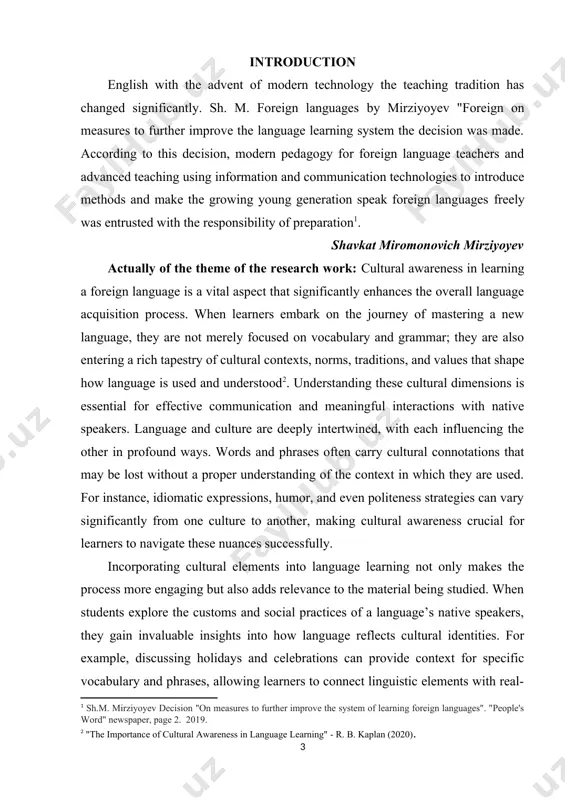 widely between cultures and significantly impact interactions. for instance, maintaining eye contact might signify confidence in some cultures, while in others, it may be viewed as confrontational or disrespectful. by learning about these differences, language learners become more adept at interpreting messages accurately and responding appropriately, thereby reducing the likelihood of misunderstandings. educators play a pivotal role in fostering cultural awareness within language learning environments. the aim the theme: cultural awareness in learning a foreign language aims to enhance the overall language acquisition process by integrating an understanding of cultural contexts, values, and practices into language education. this theme seeks to emphasize that language is not just a tool for communication but also a reflection of the culture from which it originates. by fostering cultural awareness, learners are better equipped to appreciate the nuances of language use, navigate social interactions effectively, and engage meaningfully with native speakers. the scientific novelty …