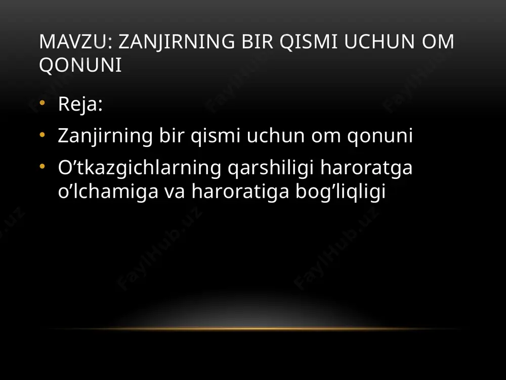 ang kesim yuzasi s ga esa teskari proportsionaldir. ba’zi o`tkazgichlarning solishtirma qarshiliklari : material 10-8 om kumush mis alyuminiy temir 1,6 1,7 2,9 9,8 ba’zi o`tkazgichlarning solishtirma qarshiliklari . o`tkazgich qarshiligining temperaturaga bog’liqligi. o`tkazgichning solishtirma qarshiligi nafaqat materialning tabiatiga va balki uning temperaturasiga ham bog’liqdir. solishtirma qarshilik va demak qarshilik ham temperaturaga chiziqli bog’liq, ya’ni ifodadan ko`rinib turibdiki qizdirilganganda metallarning qarshiligi ortadi, sovutilganda esa kamayadi. mavzuning bayoni: bunga sabab temperatura ortishi bilan ham erkin elektronlarning, ham kristall panjara tugunlaridagi musbat ionlarning issiqlik harakat tezligi ortishidir. bu esa o`z navbatida ularning ko`proq to`qnashuviga, elektronlar energiyasining ko`proq yo`qotilishiga., yani elektr qarshiligining ortishiga olib keladi. bir qancha metallar (al, pb, zu va hakozalar) va ularning qotishmalarining kritik deyiluvchi juda past temperaturalarda tk(0,14-20k) qarshiliklari sakrab nolgacha kamayishi va ular o`ta-o`tkazuvchan bo`lib qolish kuzatilgan. {keyingi betdagi rasm} mavzuning bayoni: mavzuning bayoni: bu hodisa birinchi bo`lib 1911 yilda simob bug’lari uchun g.kamerling-onnes tomonidan kuzatilgan. o`ta o`tkazuvchanlik …