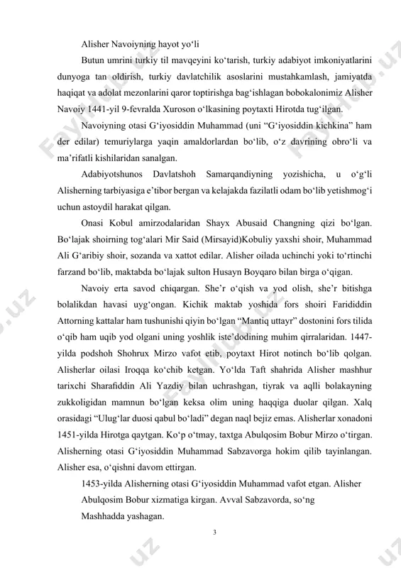 b tayinlangan. alisher esa, o‘qishni davom ettirgan. 1453-yilda alisherning otasi g‘iyosiddin muhammad vafot etgan. alisher abulqosim bobur xizmatiga kirgan. avval sabzavorda, so‘ng mashhadda yashagan. alisher navoiy ijodi she’rga mehr alisherni ijodga undagan. u 7, 8 yoshlaridan she’r yoza boshlagan. o‘zbekcha she’rlariga “navoiy”, forscha she’rlariga “foniy” taxallusini qo‘ydi. o‘smirlik davrlarida alisher o‘qishda va yozishda tinim bilmagan, she’r mutolaasidan charchamagan. “muhokamat ul-lug‘atayn” asarida o‘zining yoshlik chog‘ida mashhur o‘zbek va fors shoirlari nazmidan 50 ming bayt (100 ming misra) she’rni yod bilganini yozib qoldirgan. alisher navoiy 1441-yil 9-fevralda amir temurning o'gli shohruh mirzo shohligi davrida hirotda tug'ildi. zamondoshlari uning haqida ko'pincha "nizomiddin mir alisher" deb yozadilar. 'nizomiddin"-din--diyonat nizomi degani bo'lib, donishmand mansab egalariga beriladigan sifat, "mir" - amir demakdir. uning otasi g`iyosiddin muhammad (uni g`iyosiddin kichkina ham der edilar) temuriylar saroyining amaldorlaridan, xonadonning ishonchli kishilaridan edi. onasi amirzoda shayh abusaid changning qizi bo`lgan, ismi ma`lum emas. alisherning bobosi temurning o`g`li umarshayx bilan emikdosh …