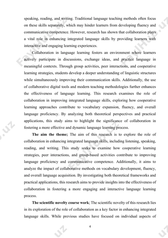 theories on communicative and cooperative learning by: expanding the understanding of interactive and social learning theories in language acquisition. demonstrating how collaborative learning facilitates the simultaneous development of listening, speaking, reading, and writing skills. providing a theoretical framework for integrating cooperative learning strategies into language education. contributing to research on constructivist approaches, emphasizing the importance of active participation and social interaction in language learning. the findings of this research offer valuable implications for language educators, curriculum developers, and learners by providing effective strategies for improving language proficiency. the practical significance includes. developing recommendations for teachers on integrating collaborative activities to enhance language learning outcomes. proposing innovative teaching methodologies that use peer interaction, group work, and technology-assisted collaboration to improve fluency and comprehension. offering insights into digital learning tools that can facilitate communication and cooperation among language learners. ii. main part 1) theoretical foundations of collaboration in language learning collaboration in …