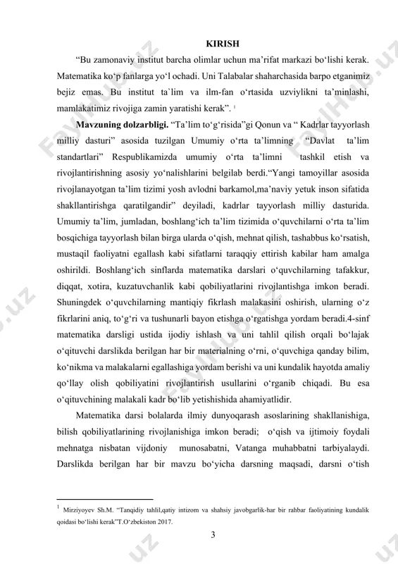 vchining ijodiy izlanishiga, mahoratiga, o‘z ustida ishlashiga bog‘liq. ta’limning maqsadi o‘quvchilarning zahiriy imkoniyatlarini, o‘zi anglab yetmagan, yuzaga chiqara olmagan ichki hissiyotlarini erkin fikrlash orqali yuzaga chiqarish va o‘quvchilarda o‘ziga, bilimiga, kuchiga nisbatan ishonch hissini tug‘diradi. ta’limning maqsadi o‘quvchilarning zahiriy imkoniyatlarini, o‘zi anglab yetmagan, yuzaga chiqara olmagan ichki hissiyotlarini erkin fikrlash orqali yuzaga chiqarish va o‘quvchilarda o‘ziga, bilimiga, kuchiga nisbatan ishonch hissini tug‘diradi. boshlang‘ich ta’lim jarayonida yangi pedagogik texnologiyalar asosida ish olib borilmoqda. texnologiya-tuzilma, didaktik maqsad, ya’ni vazifalarni belgilab olishdan boshlanib, ta’lim jarayonini bir butun yaxlitlikka yo‘nalishni nazarda tutadi. bu jarayon 1-4-sinflar orasidagi uzviylikni ta’minlash bilan bog‘liq. u shunday kechadiki, 1-o‘qituvchi to‘rt yil mobaynida o‘quvchilarni ta’lim tizimining o‘rta bo‘g‘inida olib chiqadi. 1-4 sinflarda joriy etilgan yangi texnologiya, avvalo fanlar orasidagi bog‘liqlikni ta’minlash, ortiqcha qiyinchiliklarni bartaraf etish, fanlarni integratsiyalash, o‘quvchi faoliyatini to‘g‘ri izga solish, vaqtdan unumli foydalanish, tashabbuskorlik muhitini yuzaga keltirish, ijodiy ishlash tizimini yaratish kabi qator maqsadlarni amalga oshirish kabi zarur …