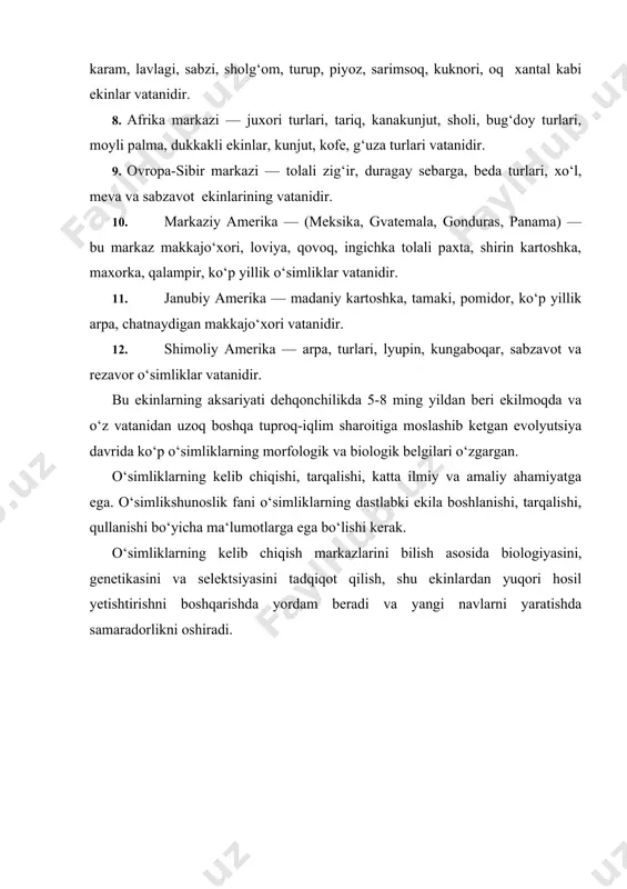 odi, 2006, 298 b 3. x.atabaeva va boshq-o‘simlikshunoslik - t.mexnat, 2000. 4. p.p. vavilov.-rasteniyevodstvo-m.kolos,1986 5. o.mirzaev,t.xudoyberganov-em-xashak yetishtirish-andijon, 2003 6. g.s. posipanov-rasteniyevodstvo-m.kolos, 1997,448 bet 7.selektsiya va urug‘chilik, entsiklopediya, t.mil.ents., 2010, 19,5 b.t. 8.b.i.vinogradov, x.atabaeva, a.dementeva-rastenivodstvo (praktikum).t. mexnat, 1987. 9. atabaeva z.n.,umarov z.-o‘simlikshunoslik-praktikum, t.toshdau, 2004 10.elektron darslik, ilmiy monografiya, maqolalar, doktorlik, nomzodlik va magistrlik dissertatsiyalari, ilmiy - amaliy anjumanlar, ma‘ruzalar to‘plamlari, gazeta va jurnallar, statistik ma‘lumotlar to‘plamlari, ma‘ruza matnlarining elektron versiyasi.