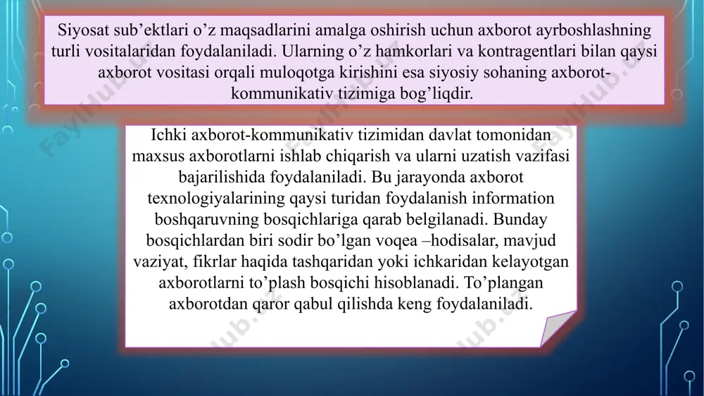 rvyu, tahlillar) reklama vositalari; ●tashqi (billbordlar, afishalar, transparantlar, devorgi yozuvlar) reklama vositalati; ●bosma (plakat, murojaat, varaqa, bryoshura, kalendarlar) reklama vostalari; ●suviner shaklidagi (fudbolkalar, ruchkalar, ko’krak nishonlari) reklama vositalari; ●kompyuterlashtirilgan (internet saytlari, alohida kompyuter dasturlari) reclama vositalari; ●jamoatchilik bilan aloqalarga yo’naltirilgan tadbirlar (nomzodning saylovchilar bilan uchlashuvi, miting va majlislar reklama usullari ichida ba’zan huquqiy meyorlar, odob-axloq qoidalariga zid bo’lgan “qora” va “kul rang” texnologiyalar ham uchrab turadi. odatda qora texnologiyalar qonunning buzulishiga mamlakatda amal qilayotgan demokratik tamoyillarga putur yetishiga olib keladi. “qora” texnologiyalarni qonunchilik bilan tartibga solib bo’lmaydi. reklama faoliyati bilan shug’ullanuvchi tashkilot va idoralar odob-axloq qoidalariga amal qilishi, reclama agentliklari xodimlari kasbiy mahoratni belgilovchi umumiy mezonlar ishlab chiqishi maqsadga muvofiq bo’ladi jamoatchilik fikri “qora” texnologiyalarini qo’llashni cheklab turuvchi asosiy vositalardandir. qator demokratik davlatlarda siyosat sub’ektlari jamoatchilik fikridan hayiqib, “qora” texnologiyalarni qo’llashni ma’qul ko’rmaydi. axborot yaratish va uni tarqatish. axborot texnologiyalari keng qo’llanilayotgan qator mamlakatlarda “spindoktor” deb atalgan kasb egalari paydo …