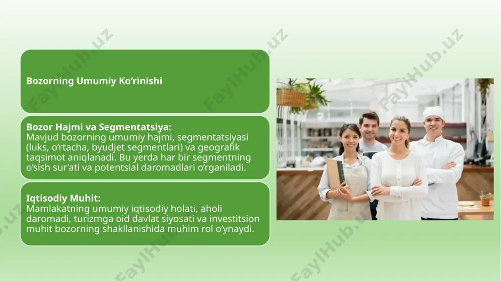 ozlar bilan doimiy muloqot va ularning fikr-mulohazalarini inobatga olish orqali xizmatlarni yaxshilash. sifatni yuksaltirish va xizmat standartlarini takomillashtirish muammo aniqlanishi: mavjud xizmat ko‘rsatish darajasi va sifat standartlari bo‘yicha aniqlangan kamchiliklar, xodimlar malakasi va mijozlarga nisbatan xizmat ko‘rsatishning noaniqliklari tahlil qilinadi. taklif etilayotgan chora-tadbirlar: xodimlar uchun muntazam treninglar, seminarlar va malaka oshirish dasturlarini joriy etish. ichki nazorat va sifat monitoring tizimlarini ishlab chiqish, standartlarni qat’iy belgilash va ularni muntazam kuzatib borish. mijozlar fikr-mulohazalari asosida xizmat sifatini yaxshilashga yo‘naltirilgan qoidalar va jarayonlarni qayta ko‘rib chiqish. infratuzilma va logistika modernizatsiyasi mavjud holat: mehmonxona va restoran joylashuvi, transport tizimi, interyer dizayni va texnologik jihozlanish kabi infratuzilma elementlarining holati baholanadi. taklif etilayotgan chora-tadbirlar: transport tizimlari, mehmonxona inshootlari va restoran interyerlarini modernizatsiya qilish. raqamli yechimlar va onlayn rezervatsiya tizimlarini joriy etish orqali mijozlarga qulay sharoit yaratish. loyihalarga davlat va xususiy sektor investitsiyalarini jalb etish, kreditlar va subsidiya mexanizmlarini rivojlantirish. marketing strategiyalari va brend rivojlantirish mavjud holat: …
