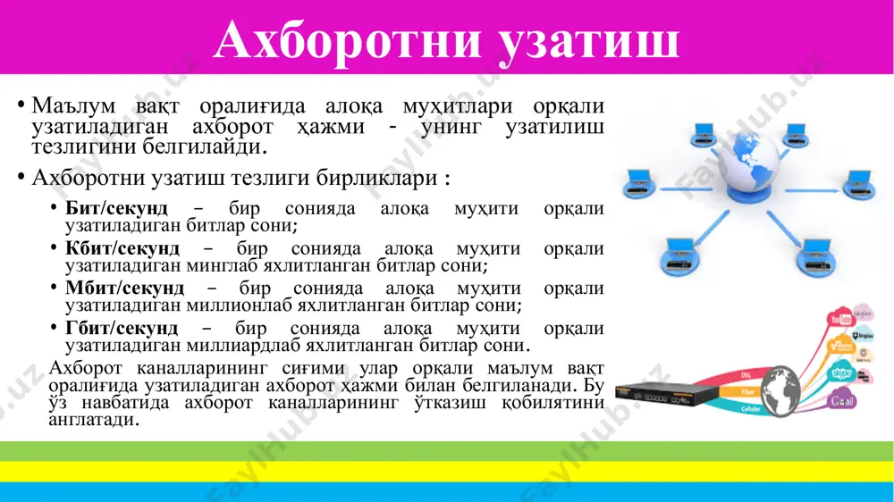 ss fidelity - ieee 802.11 симсиз алоқа стандарти. бино ичида 35 метргача бино ташқарисида 95 метргача бўлган масофада лҳт пклари тармоқ платалари, қурилмалари ва уланиш нуқталари ўртасидаги алоқани таъминлайди. • wimax - worldwide interoperability for microwave access – ieee802.16 стaндарти. бир ва кўп нуқталар ўртасида (мобил нуқталар билан биргаликда) маълумотларни симсиз узатиш технологияси. маълумотларни узатиш тезлиги 70 мбит/с гача, масофа 70 км гача (масофа узайиши билан тезлик пасаяди). bulut texnologiyalari bulut texnologiyalari bulutli texnologiya bu - dasturiy va texnik majmua boʻlib, qulay tarzda tarmoqdagi axborotlarga murojaat qilish imkoniyatini yaratadi. bulutli texnologiya axborot texnologiyalarining alohida muhiti boʻlib, masshtablashgan va saqlanayotgan axborot resurslarini masofadan ishga tushurish uchun ishlab chiqilgan. bu termin internetga kinoya sifatida paydo boʻlgan boʻlib, tarmoq ichidagi tarmoq xisoblanadi, markazlashmagan axborot resurslariga masofadan murojaat etishni ta’milab beradi. bulutli xisoblashlar axborot texnologiyalari sanoatida oʻz rasmiy segmenti sifatida bulut ramzidan foydalanilgan. bulut ramzi internetda keng tarqalgan turli resurslarni va hujjatning asosiy web-arxitekturasi …