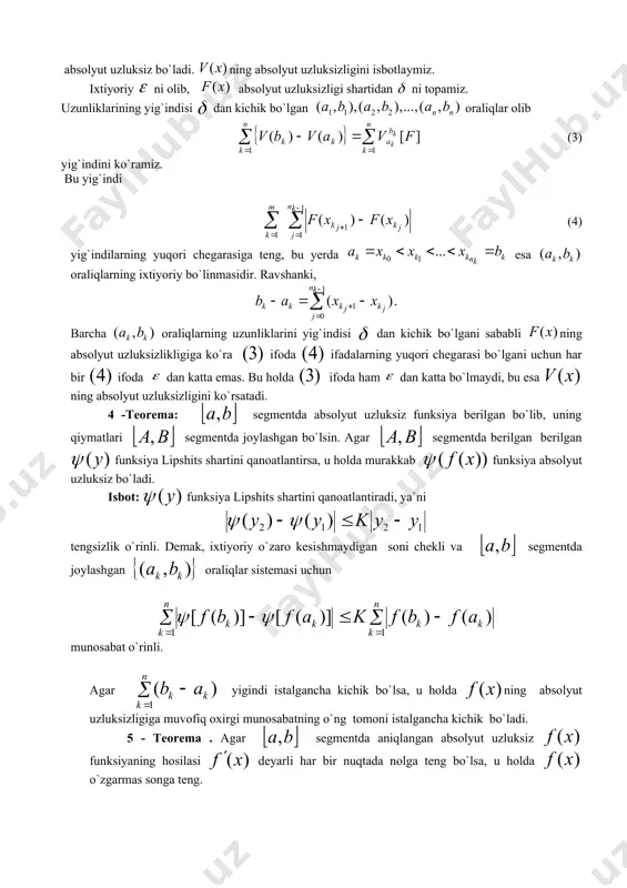 ri yig`indisining moduli dan kichik, ya`ni (7) bo`lsin. ikkinchi tomondan, segmentlarning tuzilishiga ko`ra bundan: (8) chunki (7) va (8) lardan: va ni ixtiyoriyligidan tenglik kelib chiqadi. ammo yuqoridagi mulohazlardan xar qanday segment uchun joriy etishimiz mumkin edi. shuning uchun segmentdan olingan ixtiyoriy uchun ham ya`ni funksiya o`zgarmas songa teng ekan. bu teoremadan quyidagi natija kelib chiqadi. 6-natija: agar ikki absolyut va funksiyalarning hosilalari va o`zaro ekvivalent bo`lsa, u holda bu funksiyalarning ayirmasi o`zgarmas songa teng bo`ladi. 7-teorema: lebegning aniqmas integrali absolyut uzluksiz funksiyadir. isbot: lebeg integralining absolyut uzluksizligi haqidagi teoremaga asosan har qanday son mavjudki, agar to`plamning o`lchovi dan kichik, ya`ni bo`lsa, u holda xususiy holda, ya`ni o`zaro kesishmaydigan soni chekli oraliqlar sistemasi uzunliklarining yig`indisi dan kichik bo`lsa, u holda ammo bulardan: ya`ni absolyut uzluksiz. teorema isbot bo`ldi. 8-teorema(lebeg). segmentda aniqlangan absolyut uzluksiz funksiyaning hosilasi jamlanuvchi va har bir uchun (9) isbot: 3-teoremaga asosan absolyut uzluksiz funksiyaning ikkita kamaymaydigan absolyut …