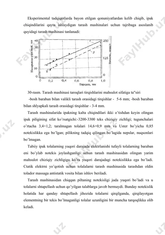 tarash zonasi orqali o’tishiga ishonchni oshirish imkoniyatni yaratadi va tolador mahsulotlarni vujudga kelishi, endi tolalar to’planish holatlarini (zaboylarni) yuz berishiga olib kelmaydi. tirqish hajmning katgalashuvi tolalarni garniturada tugilib qolish masalasini o’rganish, mazkur masalaning alohida tahlil qilinishini talab qiladi. a.p. minakovning nazariyasiga asoslangan iplar mexanikasi nuqtai nazaridan garniturada tutilib qolish shartlariga birmuncha batafsilroq to’xtalib o’tamiz. ma‟lum aksiomaga binoan mashina ish notekis sirtida ip ikkita shartni bajarish jarayonida muvozanat holatida bo’lishi mumkin (31-rasm): a) qachonki geodezik burchak θ o’zgarish sirtda ip kontaktining hamma nuqtalarida (amonton bo’yicha) ishqalanish burchagidan kam yoki unga teng bo’lganda, (zarur) shakl, ya‟ni bu erda, μ - ishqalanish koeffitsienti; b) taranglik (etarli), qachonki ipning boshlovchi (etaklovchi) t2 va ergashuvchi t1 uchining tarangligi (t2>t1 holatda) shartini qoniqtirsa tarangliklar quyidagicha bo’ladi: bu erda, θ - qamrov burchagi. birinchi shart bajarilmagan taqdirda ip o’z (o’qining) ko’ndalang tomoniga garniturasi tishi ustida sirg’alib tushadi. voroshilov sharti za (32 rasm) sxemaga binoan, u quyidagi shaklda …