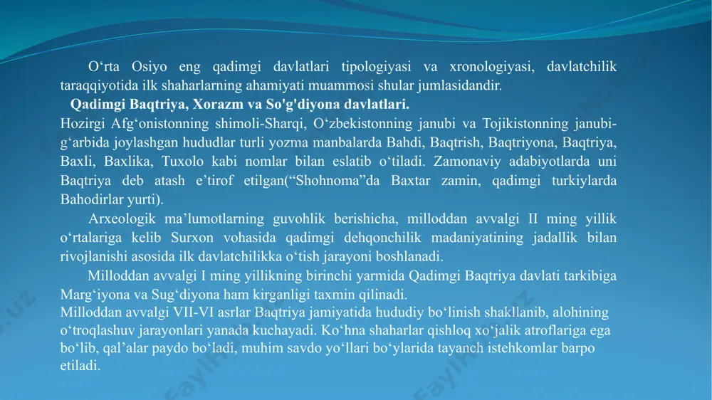 oriy etishga kirishadi. chunki, endigina mustaqillikni qayta tiklagan davlat uchun qat’iy tartib doirasida faoliyat ko’rsatuvchi idorachilik zarur edi. ismoil bu vazifani ham hal etdi. g'aznaviylar va saljuqiylar davlatchilgi. g’aznaviylar - g’azna shahrining xurosonning siyosiy markazga aylanishi x asrning ii yarmiga to’g’ri keladi. g’aznaviylar davlatining hududi shimoliy hindiston sar’adlaridan kaspiy dengizining janubiy qirg’oqlarigacha cho’zilgan hamda hozirgi afg’oniston va shimoliy sharq iy eronni o’z ichiga olgan edi. g’aznaviylar davlatining asoschisi sobuqtegin bo’lib, bu davlat uning o’g’lm ma’mud g’aznaviy davrida musulmon olamining eng kuchli davlatiga aylandi. o’z davrining iqtidorli sarkardasi va qattiqqo’l hukmdor bo’lgan ma’mud g’aznaviy 1030 yilda vafot etadi. so’ng taxtga uning o’g’li ma’sud (1030-1041y) egallaydi. u qo’shnisi bo’lgan saljuqiylar va boshqa davlat bilan ko’p bor janglar olib bordi. 1040 yilda dandikon degan joyda saljuqiylar bilan g’aznaviy mas’ud o’rtasidagi jangda yengildi va vafot etdi. uning vorislari esa g’aznaviylar davlatini avvalgi qudratini tiklay olmadilar. 1059 yilda g’aznaviylar uchun muhim strategik ahamiyatga molik -balx …