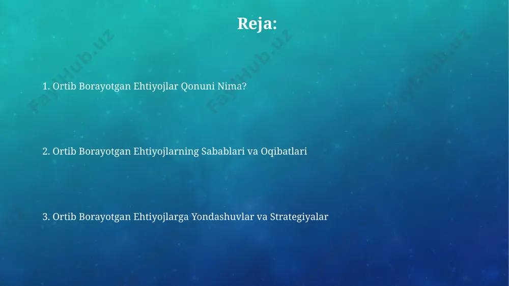 elajakdagi tendentsiyalar 2030-yilga kelib, smartfonlarning 7 milliarddan ortiq soni global tarmoqqa ulanadi, bu esa energiya iste’moli va elektron chiqindilar muammosini kuchaytiradi. jahon aholisi sonining 2050-yilga borib 9 milliardga yetishi prognozi, ayniqsa osiyo va afrika mamlakatlarida, resurslarga bo'lgan talabning keskin oshishiga olib keladi. davlatning rol o'ynashi davlatning iqtisodiy o'sishni ta'minlashdagi roli, xususan, 2023-yilda o'zbekistondagi yalpi ichki mahsulotning 5% ga o'sishiga 2 milliard aqsh dollari miqdoridagi davlat investitsiyalari hissa qo'shgan. markaziy osiyo mamlakatlarida, jumladan, qozog'iston va o'zbekistonda, 10 yildan ortiq muddat davomida amalga oshirilgan 30 dan ortiq yirik infratuzilma loyihalarining davlat tomonidan moliyalashtirilishi iqtisodiy taraqqiyotga sezilarli ta'sir ko'rsatdi. masalaning konsumerizm bilan bog'liqligi jahon bankining 2023-yilgi hisobotida, rivojlanayotgan mamlakatlarda, masalan, hindiston va braziliyada, iste'molchilik madaniyatining tarqalishi bilan bog'liq ravishda, 50% ga yaqin aholi o'zining haqiqiy ehtiyojlaridan ortiqcha buyumlarga sarf-harajat qilishni amalga oshirayotgani keltirilgan. o'rtacha amerikalikning 2022-yilda iste'mol qilgan tovarlar soni 15% ga oshgan bo'lib, bu esa "ortacha" hayot darajasi tushunchasini o'zgartirdi va aqshda …