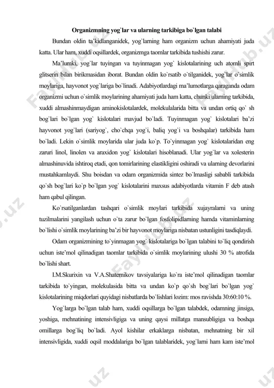 hisobiga organizmning energiyaga bo`lgan talabining deyarli 33 % qoplanadi. lekin ba’zi bir mamlakatlar aholisining ratsionlarida yog`lar miqdori yetishmasa, ba’zi bir mamlakatlarning aholisi esa yog`larni me’yoridan oshiq iste’mol qilishadi. masalan, yog`lar hisobidan pokistonda aholi ratsioni energetik qiymatining 4,2 %, yaponiyada 8 %, xindistonda 13 %, braziliyada 18 %, italiyada 20 %, ispaniyada 22 %, fransiyada 30 %, angliyada 35 %, amerikada esa 41 % qoplanadi. haqiqatdan ham amerika, angliya va skandinaviya mamlakatlarida (shvetsiya, norvegiya, daniya, finlyandiya) bir kunda bir kishi tomonidan iste’mol qilinadigan yog`lar miqdori 150 g.gacha yetadi. shuning uchun ham aksh milliy ilmiy kengashi va amerika onkologik jamiyati tomonidan iste’mol qilinadigan taomlarda yog`lar ulushini, ayniqsa hayvonot yog`lari hisobidan, 30 % gacha tushirish masalasi qo`yilgan. yuqorida ta’kidlanganidek, yog`larni iste’mol qilish darajasi aholining qaysi millatga mansubligiga ham bog`liq. misol uchun, sobiq ittifoq davrida estoniya respublikasida yashaydigan 54-55 yoshli erkaklar ovqatlanishi ustida olib borilgan ilmiy-tadqiqot natijalari shuni ko`rsatdiki, eston millatiga mansub erkaklar ratsioni …