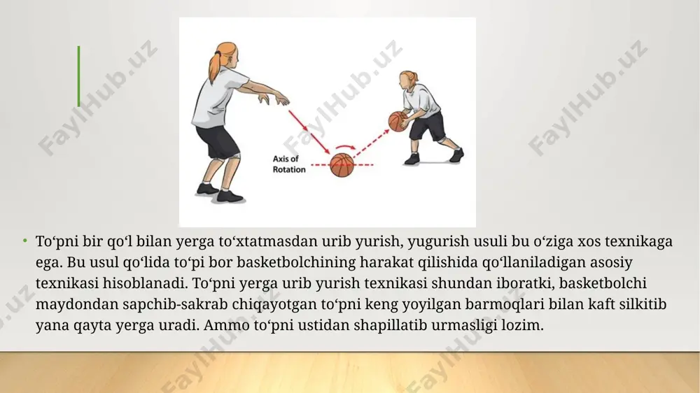 di, shunda sakrab chiqqan to‘pni yana barmoqlari bilan tutib oladi. to‘pni past olib yurish—past turib, oyoqlar tizzadan bukilib, to‘pni tez-tez yerga urib yurish orqali bajariladi. bu usulni qo‘llashning qulayligi shundaki, bunda birdaniga tezlikni o‘zgartirib, sherikni chalg‘ ituvchi harakatlar qilib,to‘g‘ridan-to‘g‘ri raqib jamoaning halqasiga chiqish mumkin. savatga to‘p tashlash. bir jamoa o‘yin davomida o‘rtacha hisobda savatga 60 marta to‘p tashlashi aniqlangan. lekin barcha tashlangan to‘plar mo‘ljalga aniq yetib boradi, deb bo‘lmaydi, shuning uchun to‘pni mo‘ljalga to‘g‘ri va aniq tashlashga sabr-qanoat bilan o‘rganish lozim. to‘p tashlashlarning eng ko‘p tarqalgan usullari quyidagicha: ikki qo‘llab (pastdan, ko‘krakdan, bosh ustidan), bir qo‘llab (yelkadan, bosh tomondan sakrab turib). ikki qo‘llab pastdan to‘p tashlashdan ko‘proq qizlar foydalanadilar. ushbu usulni qo‘llanish texnikasi mana bunday: oyoqlarni tizzadan bukib, to‘pni ikki qo‘llab ushlab savatni aniq mo‘ljalga olib, oyoqlarni to‘g‘rilab, qo‘llarni oldinga va yuqoriga ko‘tarib, panjalar uchidan to‘pni chiqarib (to‘pni o‘ziga qaratib) otiladi. qo‘llar to‘pning harakatiga mos ravishda baland va oldinga ko‘tariladi. …
