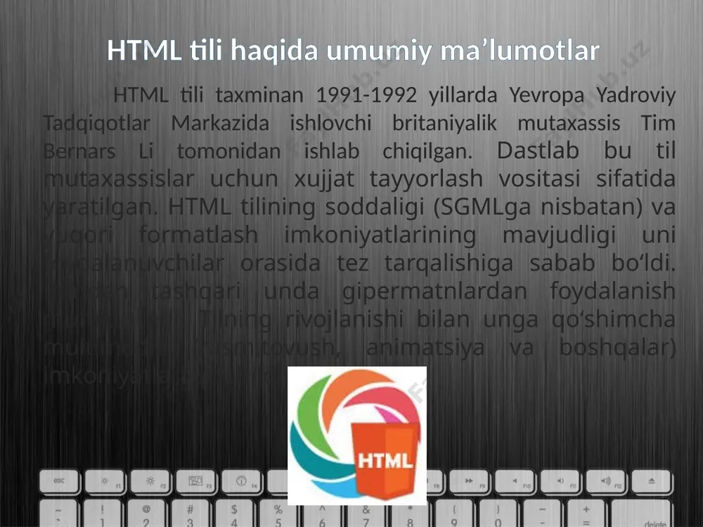 siyasi bo’ldi. so’ngra 1995 yil noyabr oyida www uchun ancha aniq va o’ylab qilingan 2.0 versiya yaratildi. 2 1996 yil sentyabr oyida bir necha oylik muxokamadan so’ng 3.2 versiya tasdiqlandi (3.0 versiya nashr qilinmadi). 3 1997 yil iyun oyida html–standartining 4.0 versiyasi e'lon qilindi va 1997 yil dekabrida rasmiy standartga aylandi. bugun bu qabul qilingan standartlarning eng oxirgisidir. html da asosiy teglar html (hyper text markup language) – belgili til bo’lib, ya'ni bu tilda yozilgan kod o’z ichiga mahsus ramzlarni mujassamlashtiradi. bunday ramzlar hujjat ko’rinishini faqatgina boshqarib, o’zi esa ko’rinmaydi. htmlda bu ramzlarni teg (teg – yorliq, belgi) deb ataladi. htmlda hamma teglar ramz-chegaralovchilar ( ) bilan belgilanadi. ular orasiga teg identifikatori (nomi, masalan b) yoki uning atributlari yoziladi. yagona istisno bu murakkab chegaralovchilar ( ) yordamida belgilanuvchi sharxlovchi teglardir. aksariyat teglar jufti bilan ishlatiladi. ochuvchi tegning jufti yopuvchi teg. ikkala juft teg faqatgina yopuvchi teg oldidan «slesh» (“/”) belgisi …