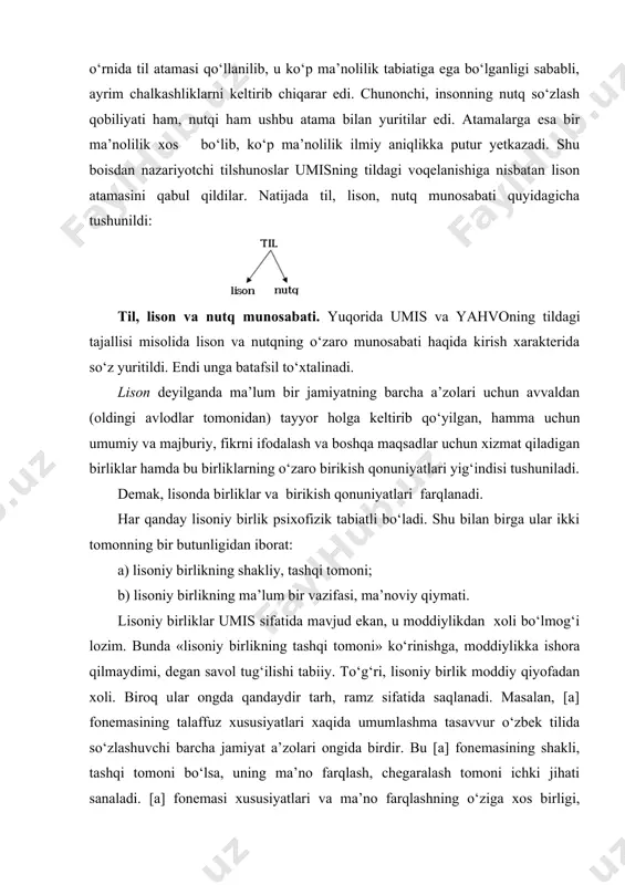 liklar umis sifatida mavjud ekan, u moddiylikdan xoli bo‘lmog‘i lozim. bunda «lisoniy birlikning tashqi tomoni» ko‘rinishga, moddiylikka ishora qilmaydimi, degan savol tug‘ilishi tabiiy. to‘g‘ri, lisoniy birlik moddiy qiyofadan xoli. biroq ular ongda qandaydir tarh, ramz sifatida saqlanadi. masalan, [a] fonemasining talaffuz xususiyatlari xaqida umumlashma tasavvur o‘zbek tilida so‘zlashuvchi barcha jamiyat a’zolari ongida birdir. bu [a] fonemasining shakli, tashqi tomoni bo‘lsa, uning ma’no farqlash, chegaralash tomoni ichki jihati sanaladi. [a] fonemasi xususiyatlari va ma’no farqlashning o‘ziga xos birligi, yaxlitligi sifatida ongda mavjud bo‘ladi. har bir fonemaning ma’no farqlash va talaffuz xususiyatlari umumlashmasi o‘ziga xos bo‘lib, biriniki ikkinchisinikidan farqlanadi va mustaqil fonemaga qo‘yilgan talab ularning aynan o‘xshash bo‘lishiga yo‘l qo‘ymaydi. lisoniy birliklarining bu tashqi va ichki tomonini bir-biridan ajratish uchun ulardan birini mutlaqlashtirish mumkin emas. ichki va tashqi tomon bir varaqning ikki betiga o‘xshaydi va ularni ajratib bo‘lmaydi. nutq esa yuqorida ta’riflangan lisoniy so‘zlashish qobiliyati asosida ayrim shaxs tomonidan ma’lum bir xabar …
