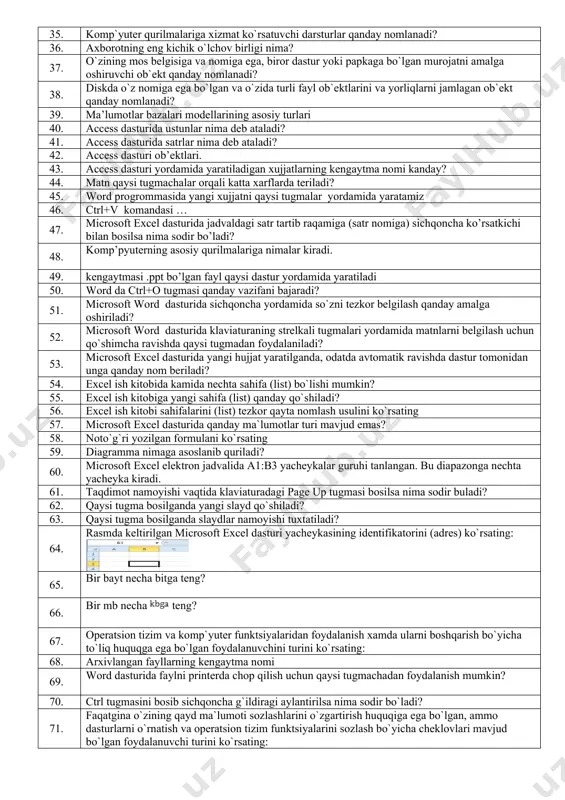 klaviaturadagi page down tugmasi bosilsa nima sodir buladi? 28. taqdimot namoyishi vaqtida klaviaturadagi esc tugmasi bosilsa nima sodir buladi 29. microsoft word dasturida yaratilgan fayl kengaytmasini aniqlang.? 30. microsoft word dasturiga yuklangan joriy hujjatda «ctrl+home» tugmalar birikmasi bosilsa nima sodir bo`ladi? 31. ctrl tugmasini bosib sichqoncha g`ildiragi aylantirilsa nima sodir bo`ladi? 32. microsoft word dasturiga yuklangan joriy hujjatda «ctrl+end» tugmalar bosilsa nima sodir bo`ladi? 33. slaydga video joylashtirish mumkinmi? 34. qaysi tugma bosilganda slaydlar namoyishi boshlanadi? 35. komp`yuter qurilmalariga xizmat ko`rsatuvchi darsturlar qanday nomlanadi? 36. axborotning eng kichik o`lchov birligi nima? 37. o`zining mos belgisiga va nomiga ega, biror dastur yoki papkaga bo`lgan murojatni amalga oshiruvchi ob`ekt qanday nomlanadi? 38. diskda o`z nomiga ega bo`lgan va o`zida turli fayl ob`ektlarini va yorliqlarni jamlagan ob`ekt qanday nomlanadi? 39. ma’lumotlar bazalari modellarining asosiy turlari 40. access dasturida ustunlar nima deb ataladi? 41. access dasturida satrlar nima deb ataladi? 42. access dasturi ob’ektlari. …