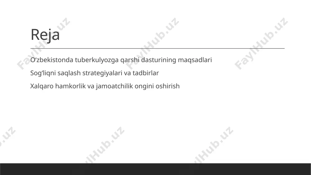 ni olish va davolashda zarur bo'lgan resurslarni ta'minlaydi, shuningdek, kasallik haqida to'g'ri ma'lumot beradi. 04 ijtimoiy yordam ijtimoiy yordam dasturlari, tuberkulyozga chalingan bemorlarga yordam berish orqali shifo olish jarayonini yengillashtiradi va ijtimoiy barqarorlikni ta'minlaydi. oʻzbekistonda tuberkulyozga qarshi sogʻliqni saqlash strategiyalarining ahamiyati. 01 sogʻliqni saqlash tizimi oʻzbekistonda tuberkulyozga qarshi sogʻliqni saqlash strategiyalari, bemorlar uchun sifatli xizmatlarni taqdim etish va infeksiyani nazorat qilishga qaratilgan. 02 innovatsion yondashuvlar tuberkulyozga qarshi kurashda innovatsion texnologiyalar, masalan, telemeditsina va mobil ilovalar, bemorlarni davolash va kuzatish jarayonlarini yaxshilaydi. 03 jamiyat ishtiroki jamoatchilik ishtiroki tuberkulyozga qarshi strategiyalarda muhim rol o'ynaydi, chunki bu aholi o'rtasida xabardorlik va ta'sirchanlikni oshiradi. tuberkulyozga qarshi kurashda xilma-xil tadbirlar va ularning samaradorligi. tuberkulyozga qarshi kurashda turli tadbirlar muhim ahamiyatga ega. ular orasida ommaviy axborot kampaniyalari, tibbiy ko‘riklar va vaksinalash tadbirlari mavjud. samaradorlikni oshirish uchun xalqaro tashkilotlar bilan hamkorlikda ishlash muhimdir. natijada, kasallik tarqalishini kamaytirish imkoniyati yaratiladi. photo by belinda fewings on unsplash sogʻliqni saqlash …