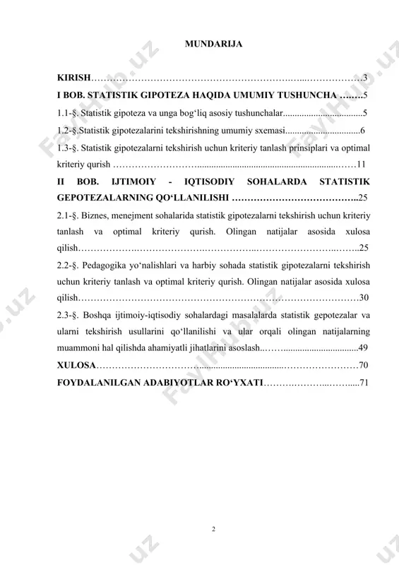 hollarda tadqiqotchi hodisaning haqiqiy holati to‘g‘risida qaror qabul qilishi kerak, ammo bu qaror apriori to‘g‘ri ekanligini tekshirish talab etiladi (xatolar bo‘lishi mumkin), shuningdek, bu yechimni tanlash uchun aniq va yagona to‘g‘ri qoida yo‘q. kuzatishlar natijalari bo‘yicha qarorlar qabul qilish va xulosalarni shakllantirish uchun asos sifatida statistik gipotezalardan foydalanish mumkin. ijtimoiy-iqtisodiy jarayonlarni o‘rganishda bu tajriba natijasida olingan namunalar bilan ishlash jarayonida ayniqsa muhim bosqich hisoblanadi. buning sababi, tahlil qilinayotgan namunaning haqiqiy to‘plamga bog‘liqliligi, olingan natijalarning esa ushbu to‘plam parametrlariga mutanosibligining ishonchliligini tekshirish uchun statistik gepotezalar qurish talab etiladi. statistik gipotezalardan foydalanish tadqiqotdan umumiy xulosalar chiqarish va ularning ishonchliligini ta’minlash uchun foydalidir. bitiruv malakaviy ishining obyekti. ijtimoiy - iqtisodiy jarayonlardagi tasodifiy miqdorlar. bitiruv malakaviy ishining predmeti. ijtimoiy - iqtisodiy jarayonlardagi tasodifiy miqdorlar uchun statistik gepotezalar. bitiruv malakaviy ishining maqsadi. ijtimoiy-iqtisodiy sohalarda olib borilgan tadqiqot natijalari bo‘yicha zarur bo‘lgan xulosalarni chiqarishda statistik gepotezalarning qo‘llanilishi va ular asosida muhim qarorlar qabul qilishni o‘rganish. bitiruv …