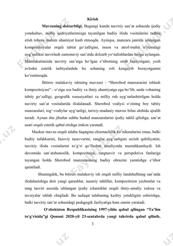 at va xalq hayotida tutgan o‘rni beqiyosdir. mustaqillikka erishganimizdan so‘ng, biz soxta mafkura zulmidan qutulib, erkin fikr va milliy mafkuraga keng yo‘l ochdik. bugungi kunda davlatimiz rahbari sh.m. mirziyoyev tomonidan bu yo‘nalishda qator islohotlar amalga oshirilmoqda. ayniqsa, ta’lim-tarbiya tizimi faoliyatini zamon talablari asosida takomillashtirishga katta e’tibor berilmoqda. san’at insoniyatning ma’naviy madaniyati tarkibiy qismidir. uning eng qadimiy va keng tarqalgan yo‘nalishlaridan biri - tasviriy san’atdir. tasviriy san’at orqali rassom o‘z g‘oya va tuyg‘ularini tomoshabinga yetkazadi, bu orqali inson qalbini estetik zavq bilan boyitadi. rassom avvalo g‘oyaga mos mavzu tanlaydi, voqea kompozitsiyasini quradi, naturani kuzatadi, eskizlar chizadi va etyudlar yaratadi. tasviriy san’at inson ongiga tez ta’sir etadi, ezgu hislar uyg‘otadi va ma’naviy dunyoni boyitadi. shu bois u shaxsning shakllanishi va kamolga yetishida muhim tarbiyaviy vositadir. tabiat manzaralari inson ruhiyatiga estetik zavq baxsh etuvchi, go‘zallikni anglash va uni ifodalashga xizmat qiluvchi muhim san’at yo‘nalishlaridan biridir. manzara janri, ayniqsa, tasviriy san’atda tabiatning rang-barang holatlarini, …