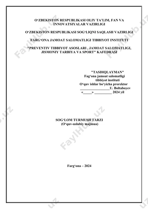 anishga tavsiya etildi. kafedra mudiri phd: r.u. axmadaliyev taqvim – mavzu reja kafedra: preventiv tibbiyot asoslari, jamoat salomatligi va jismoniy tarbiya va sport kаfedrаsi fan: sog’lom turmush tarzi yo’nalish: davolash ishi kurs: 2 4-semestr № maruza mavzusi soati 1. valeologiyaga kirish. valeologiya fani va usullari sogʼlom turmush tarzini shakllantirish. sogʼliqni saqlashni asosiy omillari. 2 2. sogʼliqni saqlashni diagnostika usullari. аntropometrik yondashuvlar. inson umrini uzaytirish yoʼllari. 2 3. jismoniy sogʼlomlikning asosiy shakllari. jismoniy sogʼlomlikni baholash usullari. 2 4. toʼgʼri va balansli ovqatlanish boʼyicha koʼrsatmalar tuzish. yomon odatlarning oldini olish usullari. oilani rejalashtirish usullari. 2 jami 8 № amaliy mashg’ulotlar mavzusi 1. valeologiyaga kirish. valeologiya fani va usullari sog’lom turmush tarzini shakllantirish. sog’liqni saqlashni asosiy omillari . inson turmush tarzi, atrof muxit, irsiyat, sog’liqni saqlash ishlarining ahamiyati, 2 2. abu ali ibn sino ta’limoti bo’yicha sog’lom turmush tarzi yo’nalishlari. jismoniy faollik. xarakatli turmush. sog’lom turmush tarzini shakillantirishda jismoniy tarbiyaning o’rni 2 3. …
