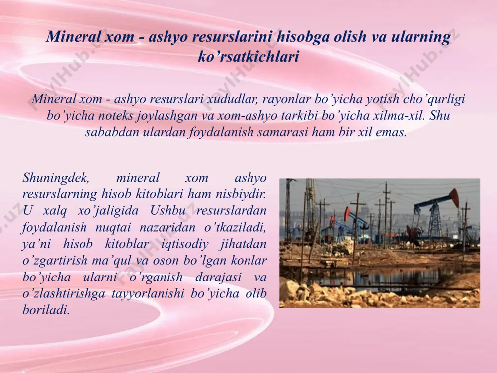 matbaho toshlar, ba’zi kamyob elementlarning katta resurslari aniqlangan. o’zbekiston qurilish materiallari va yoqilg’i energetika resurslariga ham boy. hozirgi qadar 2700 dan ziyod turli foydali qazilma konlari va istiqbolli joylar aniqlangan. 900 dan ortiq kon qidirib topilgan bo’lib, tasdiqlangan resurslari 970 mlrd aqsh dollarini tashkil etadi. respublikaning umumiy xom ashyo imkoniyati 3,3 trillion aqsh dollariga teng. har yili respublika konlarida o’rtacha 5,5 mlrd dollarga teng miqdorida foydali qazilmalar olinmoqda va ular yoniga 6-7 mlrd dollarlik yangi resurslar qo’shilmoqda. o’zbekiston hududlarida neft va gaz kondensati tabiiy gazning 155 ta istiqbolli konlarida qimmatbaho metallar bo’yicha 40 tadan ortiq nodir va radiaktiv metallar bo’yicha 40, konchilik kimyo xom ashyosi bo’yicha 15 ta konlari qidirib topilgan. o’zbekiston oltin, uran, mis, tabiiy gaz, volfram, kaliy tuzlari, fosforitlar, kaolin resurslari bo’yicha dunyoda yetakchi o’rinni egallaydi. masalan, oltin resurslari bo’yicha respublika dunyoda 4-o’rinda turadi, uni qazib olish bo’yicha 7-o’rinda, mis resurslari bo’yicha 10-16 o’rinda, uran resursi bo’yicha 7-8 …