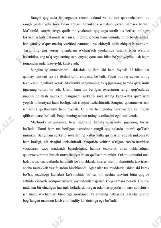 ashtiradi. yuqorida keltirib o`tilgan barcha tasvirlash vositalarini uzoq muddatda bajariladigan, hamda tezkorlik bilan ishlanadigan qalamtasvirlarda birdek muvaffaqiyat bilan qo`llash mumkin. odam qomatini turli holatlarda, vaziyatlarda harakatli ko`rinishlarda interer muhiti sharoitida tasvirlash ancha murakkab vazifalardan hisoblanadi. agar ular tez muddatda ishlanishi kerak bo`lsa, tezchizgi lavhalari ko`rinishida bo`lsa, bir nechta tasvirni bitta qog`oz sathida chiroyli kompozitsiyada joylashtirib bajarish ko`p samara beradi. chunki unda har bir chizilgan har turli holatlarda turgan odamlar qiyofasi o`zaro solishtirib ishlanadi, o`lchamlari bir-biriga moslanadi va shuning natijasida tasvirlar guruhi bog`langan mazmun kasb etib, badiiy ko`rinishga ega bo`ladi. inson qaddi-qomatini chizishga albatta tezkor tasvirlar ishlash, ko`proq mashq qilish talab etiladi. ayniqsa suratning qismlari nisbatlari, katta shaklning yaxlitligiga e’tibor qaratilishi kerak. so`ng tana holati, uning qanday harakat holatida namoyon bo`layotganligi muhim bo`lib, uni to`g`ri topish va aks ettirish kerak. yuqorida aytilgan barcha holatlar nazariy va amaliy tomondan yaxshi o`rganilsa, kitoblar, maxsus adabiyotlar mutolaasiga e’tibor berilsa har qanday quntli talaba uning …