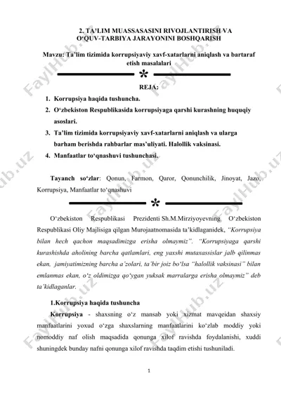 ta’lim tizimida korrupsiyaviy xavf-xatarlarni aniqlash va bartaraf etish masalalari — DOCX