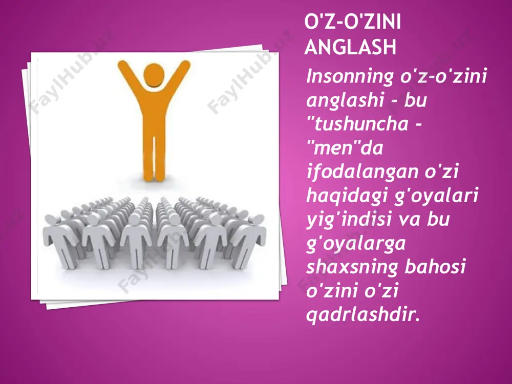 ga nisbatan hissiy va qimmatli munosabat. o'z-o'zini tartibga solishxulq-atvor. o'z-o'zini anglash funktsiyalari individuallik - bu shaxsning o'ziga xosligi va o'ziga xosligi. individuallik insonning xarakter xususiyatlari, qiziqishlari, qobiliyatlari va intellektual xususiyatlarida namoyon bo'ladi. individuallik. o'z-o'zini hurmat qilish o'z-o'zini hurmat qilish - bu shaxsning jamiyatdagi shaxsiy faoliyatining ahamiyati va o'zini va o'zining fazilatlari va his-tuyg'ularini, afzalliklari va kamchiliklarini baholash, ularni ochiq yoki yopiq tarzda ifodalash. o'z-o'zini hurmat qilish o'z-o'zini baholash funktsiyalari: - tartibga solish, uning asosida shaxsiy tanlov muammolari hal qilinadi himoya, shaxsning nisbatan barqarorligi va mustaqilligini ta'minlash o'z-o'zini hurmat qilishni shakllantirishda boshqalarning shaxsning shaxsiyati va yutuqlari haqidagi baholari muhim rol o'ynaydi. nazariy jihatdan, o'z-o'zini hurmat qilish - bu insonning o'ziga bo'lgan bahosi. o'z-o'zini hurmat qilish o'z-o'zini anglash nafaqat o'zini bilish, balki o'ziga nisbatan ma'lum bir munosabat: o'z fazilatlari va holatlariga, imkoniyatlariga, jismoniy va ma'naviy kuchlariga, ya'ni o'zini o'zi qadrlashdir. inson shaxs sifatida -o'z-o'zini baholashmavjudot. o'z-o'zini hurmat qilmasdan, hayotda o'zini aniqlash qiyin …
