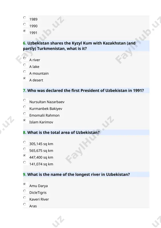 is the only sea to border uzbekistan? the black sea the mediterranean sea the caspian sea the aral sea 5. when did uzbekistan declare independence from the soviet union? 1992 1989 1990 1991 6. uzbekistan shares the kyzyl kum with kazakhstan (and partly) turkmenistan, what is it? a river a lake a mountain a desert 7. who was declared the first president of uzbekistan in 1991? nursultan nazarbaev kurmanbek bakiyev emomalii rahmon islam karimov 8. what is the total area of uzbekistan? 305,145 sq km 565,675 sq km 447,400 sq km 141,074 sq km 9. what is the name of the longest river in uzbekistan? amu darya dicletigris kaveri river aras 10. which major city in uzbekistan was destroyed by an earthquake in 1966? urgench tashkent samarkand bukhara listen to the song.fill in the gaps. hero(by mariah carey) there’s a hero if you look inside your__________________ you don’t have to …