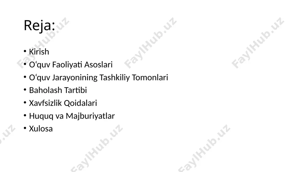siy tamoyillari uzluksizlik: ta’lim bosqichlari (maktabgacha, umumiy o‘rta, o‘rta maxsus, oliy va uzluksiz ta’lim) o‘zaro uzviy bog‘liq. adolat va tenglik: har bir o‘quvchi irq, millat, jins, ijtimoiy kelib chiqishidan qat’i nazar, sifatli ta’lim olish huquqiga ega. shaxsga yo‘naltirilgan yondashuv: har bir o‘quvchining qobiliyatlari, qiziqishlari va ehtiyojlari inobatga olinadi. amaliyotga yo‘naltirilganlik: o‘quv jarayonida olgan bilim va ko‘nikmalar hayotda qo‘llanilishi kerak. o‘quv jarayonining tashkiliy tomonlari o‘quv jadvali va rejasi o‘quv jadvali: o‘quv mashg‘ulotlarining tartib va vaqtini belgilaydi. darslar va tanaffuslar uchun aniq vaqt oralig‘i ko‘rsatiladi. ta’lim rejasi: har bir fan uchun soatlar taqsimoti belgilanadi. mavzular ketma-ketligi va ularga ajratilgan vaqt aniqlanadi. dars jarayonining bosqichlari tayyorlov bosqichi: o‘quvchilarni darsga tayyorlash, kerakli materiallarni taqdim etish. motivatsiyani oshirish va mavzuga kirish. asosiy bosqich: yangi bilim va ko‘nikmalarni o‘zlashtirish. interaktiv usullar va amaliy mashg‘ulotlar orqali bilimni mustahkamlash. yakuniy bosqich: olingan bilimlarni nazorat qilish. uyga vazifa berish va xulosalar chiqarish. texnologiyalardan foydalanish raqamli platformalar va o‘quv dasturlaridan …