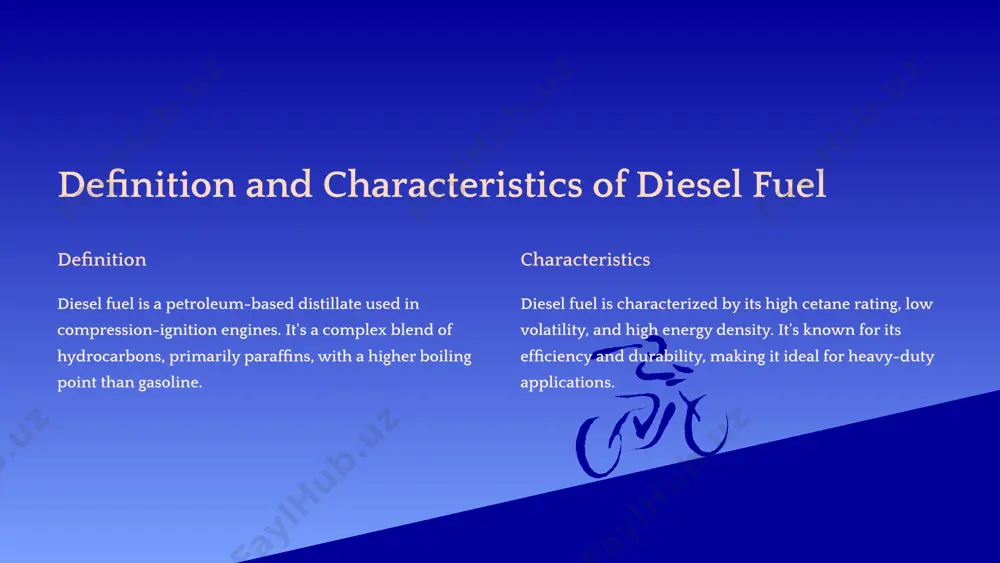phur content contributes to harmful emissions, including sulphur dioxide and particulate matter. engine wear sulphur can corrode engine parts and contribute to premature wear and tear. environmental regulations governments impose strict limits on sulphur content in diesel fuels to reduce environmental impact. 7 diesel fuel types and specifications 1 ultra-low sulphur diesel (ulsd) the most common type, with a sulphur content below 15 ppm. 2 biodiesel a renewable fuel made from vegetable oils or animal fats, typically blended with petroleum diesel. 3 marine diesel oil (mdo) specially formulated for marine engines, with a higher cetane number and lower viscosity. 8 conclusion and summary understanding the properties and assortment of diesel fuels is crucial for optimizing engine performance, minimizing emissions, and meeting environmental regulations. choosing the right diesel fuel for your application is key to achieving efficient and sustainable operation. 9 image1.png image2.png image3.png image4.png image5.png image6.png image7.png image8.png image9.png image10.png …