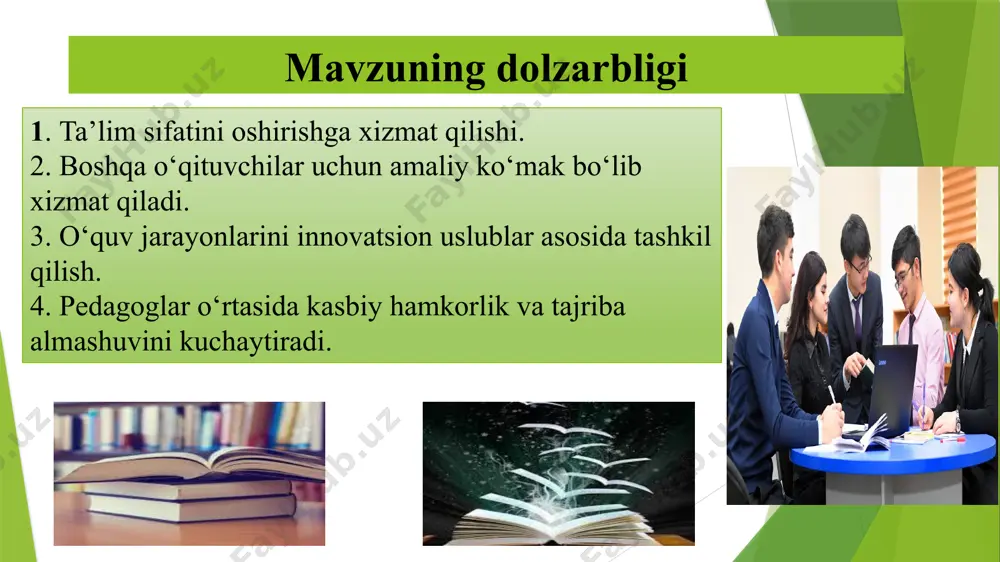 orqali ta’lim sifatini oshirish. ilg‘or tajriba egalarini moddiy va ma’naviy rag‘batlantirish orqali ularni yangi g‘oyalar yaratishga ilhomlantirish 6 acer (a) - acer (a) - buyuk britaniya 2021-yildan boshlab buyuk britaniyada “teaching school hub” tizimi joriy etilgan. bu hublar: ilg‘or tajribalarni yig‘ish va tarqatish markazlari hisoblanadi. o‘qituvchilarni tayyorlash va malakasini oshirishda ilg‘or metodlarni keng joriy qiladi. yaxshi ishlayotgan maktablar boshqalarga mentorlik qiladi. janubiy koreya janubiy koreyada “model maktablar” (exemplary schools) tashkil etilgan bo‘lib, bu yerda ilg‘or o‘qituvchilar o‘z tajribalarini amaliyotda namoyish etadilar. boshqa maktab o‘qituvchilari bu darslarda kuzatuvchi sifatida qatnashishlari mumkin, so‘ngra o‘z maktablarida shu metodlarni joriy qilishadi. germaniya har yili federal va yer (land) darajasida turli konferensiyalar, seminarlar va treninglar o‘tkaziladi. ilg‘or pedagoglar o‘z metodikalari bilan chiqish qiladi va boshqa o‘qituvchilar bilan fikr almashadi. ilg‘or pedagoglarning ish tajribasini keng miqyosda ommalashtirish va xorijiy tajribalarni o‘rganish qiyosiy tahlil t/r o‘zbekistonda xorijda taklif 1 tajribalarni almashish,muhokama qilish uchun web saytlarni yo‘qligi buyuk …