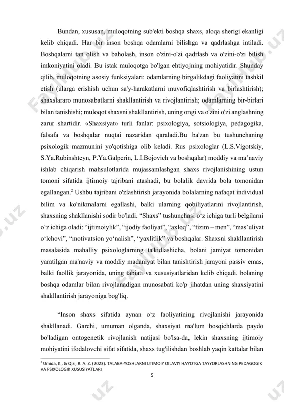 anadi. garchi, umuman olganda, shaxsiyat ma'lum bosqichlarda paydo bo'ladigan ontogenetik rivojlanish natijasi bo'lsa-da, lekin shaxsning ijtimoiy mohiyatini ifodalovchi sifat sifatida, shaxs tug'ilishdan boshlab yaqin kattalar bilan muloqot qilish natijasida shakllana boshlaydi”. vygotskiy, a.a. leontiev, v.n. myasishcheva va boshqalar maktabgacha yoshdagi bolalarning kattalar va tengdoshlari bilan muloqotini o‘rganishgan. v.n. myasishchevning fikriga ko'ra, “muloqot - bu odamlarning bevosita yoki bilvosita o'zaro ta'siri jarayoni bo'lib, unda uchta o'zaro bog'liq komponentni aniq ajratish mumkin; 1-bir-birining muloqoti ishtirokchilarining aqliy aksi,2-bir-biriga munosabati va 3-o‘zlariga munosabati. aloqa jarayonining tarkibiy qismlari sifatida quyidagilar ham ko'rib chiqiladi: ▪ so'zning tor ma'nosida birgalikdagi faoliyat ishtirokchilari o'rtasida ma'lumot almashish sifatida tushuniladigan aloqa; ▪ o'zaro ta'sir - birgalikdagi faoliyatni tashkil etishning muayyan shaklini nazarda tutadigan ularning o'zaro ta'siri; ▪ shaxslararo idrok - bu sheriklarning o'zaro tushunishlari uchun asos sifatida bir-birlarini bilish jarayoni. muloqot jarayonlarida bir-birini idrok etish va bilishning asosiy mexanizmlari identifikatsiya, aks ettirish va stereotiplashdir. muloqotning kommunikativ, interaktiv va pertseptiv tomonlari …