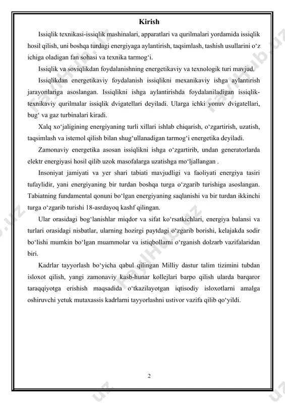 vazifa qilib qo‘yildi. uskuna konstruksiyasi va issiqlik jarayoni tavsifi. qurilish materiallari ishlab chiqarishda texnologik jarayonning asosiy qismini issiqlik ishlovi va issiqlik jihozlari tashkil etadi. ularning to‘g‘ri ishlashi korxonada ishlab chiqarilayotgan maxsulotlarning sifatiga va ishlab chiqarish samaradorligiga bog‘liq bo‘ladi. issiqlik jihozlariga quritgichlar, bug‘ qozonlari, qotirish kameralari va turli konstruksiyaga ega bo‘lgan aylanma, shaxtali, tunnelli, xalqali, konveyerli va boshqa turdagi pechlar kiradi. pech deb, yuqori haroratli sharoitda materialning xossalarini o‘zgartiruvchi, fizik-kimyoviy jarayonlar sodir etuvchi, maksimal xaroratda materialni mustahkamlovchi issiqlik agregatiga aytiladi. pechlar ishlash tarziga ko‘ra davriy va uzluksiz tarzda ishlovchi turlarga bo‘linadi. konstruksiyasiga ko‘ra aylanma, shaxtali, xalqali, tunneli, konveyerli, vannali va boshqa turlarga bo‘linadilar. bog‘lovchi materiallar ishlab chiqarishda aylanma, shaxtali pechlardan foydalaniladi. maxsulot ishlab chiqarish turiga ko‘ra ularning konstruktiv ko‘rinishi va o‘lchamlari turlicha bo‘ladi. aylanma pechlar. aylanma pechlar po‘lat barabandan iborat bo‘lib, o‘z o‘qi atrofida aylanadi, qiyaligi 3-4%. pechning aylanma xarakatlanishi ya’ni aylanishi davomida pechdagi material pechning bir burchagidan, keyingi burchagi tomonga …