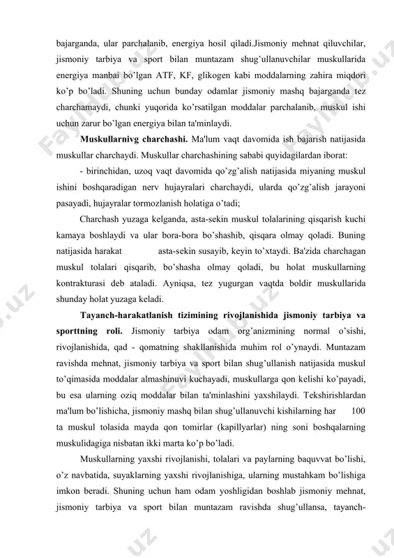 kеladi. tayanch-harakatlanish tizimining rivojlanishida jismoniy tarbiya va sporttning roli. jismoniy tarbiya odam org’anizmining normal o’sishi, rivojlanishida, qad - qomatning shakllanishida muhim rol o’ynaydi. muntazam ravishda mehnat, jismoniy tarbiya va sport bilan shug’ullanish natijasida muskul to’qimasida moddalar almashinuvi kuchayadi, muskullarga qon kеlishi ko’payadi, bu esa ularning oziq moddalar bilan ta'minlashini yaxshilaydi. tеkshirishlardan ma'lum bo’lishicha, jismoniy mashq bilan shug’ullanuvchi kishilarning har 100 ta muskul tolasida mayda qon tomirlar (kapillyarlar) ning soni boshqalarning muskulidagiga nisbatan ikki marta ko’p bo’ladi. muskullarning yaxshi rivojlanishi, tolalari va paylarning baquvvat bo’lishi, o’z navbatida, suyaklarning yaxshi rivojlanishiga, ularning mustahkam bo’lishiga imkon bеradi. shuning uchun ham odam yoshligidan boshlab jismoniy mehnat, jismoniy tarbiya va sport bilan muntazam ravishda shug’ullansa, tayanch-harakatlanish tizimining o’sishi, rivojalanishi, shakllanishi yaxshi bo’ladi. shu bilan birga organizmning boshqa hayotiy muhim a`zolar (o’pka, yurak-tomir, jigar, buyraklar, oshqozon-ichak, nеrvlar) funksiyasi ham yaxshilanadi. buning natijasyada odam organizmi har tomonlama gormonik rivojlangan, baquvvat, tashqi muhitning noqulay ta'siriga chidamli va chiniqqan …