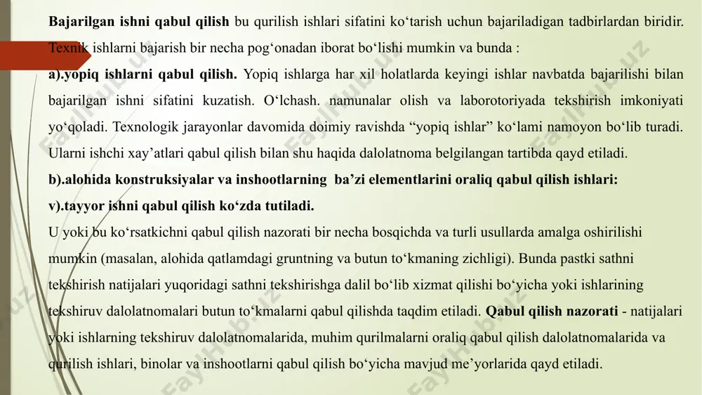 a’minlash”. iso 9001– “sifat tizimlari. loyihalash. ishlab chiqarish. yig‘ish va foydalanishda sifatni ta’minlaydigan model”. iso 9002 – “sifat tizimlari. ishlab chiqarish va yig‘ishda sifatni tahminlaydigan model”. iso 9003 – “sifat tizimlari. kompleks nazorat va sinovlarda sifatni tahminlaydigan model”. iso 9004 – “sifatni umumiy boshqarish tizimlarining elementlari. rahbariy ko‘rsatmalar”. iso 10011 – “ sifat tizimlarini tekshirish bo‘yicha rahbariy ko‘rsatmalar”. iso 10012 – “ o‘lchash vositalarining sifatini tahminlaydigan talablar”. nazorat savollari: dastlabki nazorat va operatsiyaviy nazoratga ta’rif bering, misol keltiring? qabul ilish nazoratiga ta’rif bering? nazorat qilinadigan ko‘rsatkichlarning qamroviga qarab nimalarga bo‘linadi? nazorat qilishning davriyligiga qarab nimalarga bo‘linadi? maxsus nazorat qilish vositalaridan foydalanishga qarab nimalarga bo‘linadi? mahsulotlarning hayot siklini ko‘rsatib bering? asosiy adabiyotlar 1. p.r.ismatullaev va boshqalar. metrologiya, standartlashtirish va sertifikatlashtirish. ‑t.: o‘zbekiston, 2001. 185 b. 2. a.a.abduvaliev i dr. standartizatsiya, metrologiya, sertifikatsiya, kachestvo. -t.: niisms, 2007 -276 s. e.r.domke, a.p.bajanov, a.s.shirshikov. upravleniya kachestvom dorog. – rostov –na-donu. «feniks» 2006.- 253 s. …